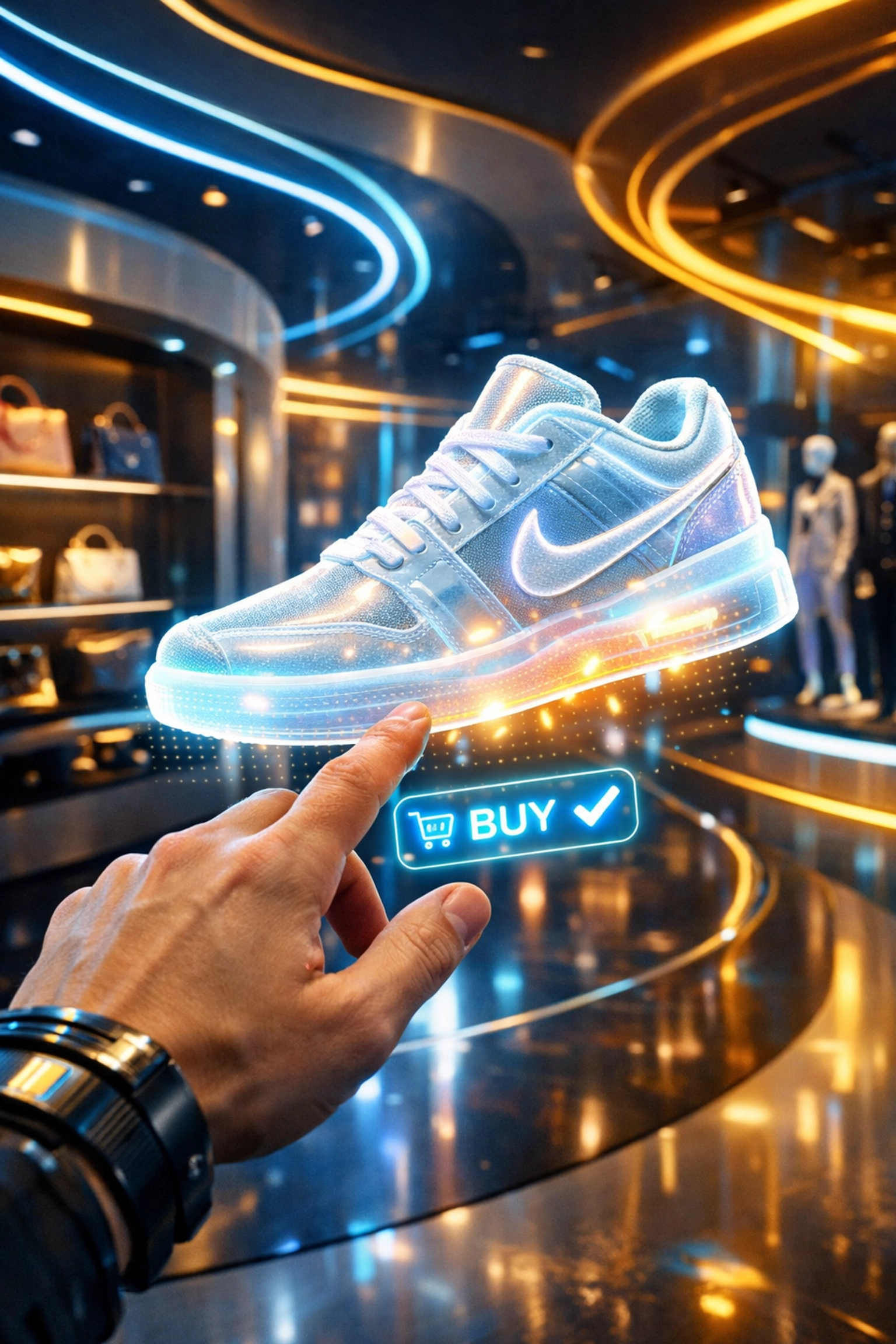 Seamless metaverse shopping experience using gesture-based checkout for digital apparel.