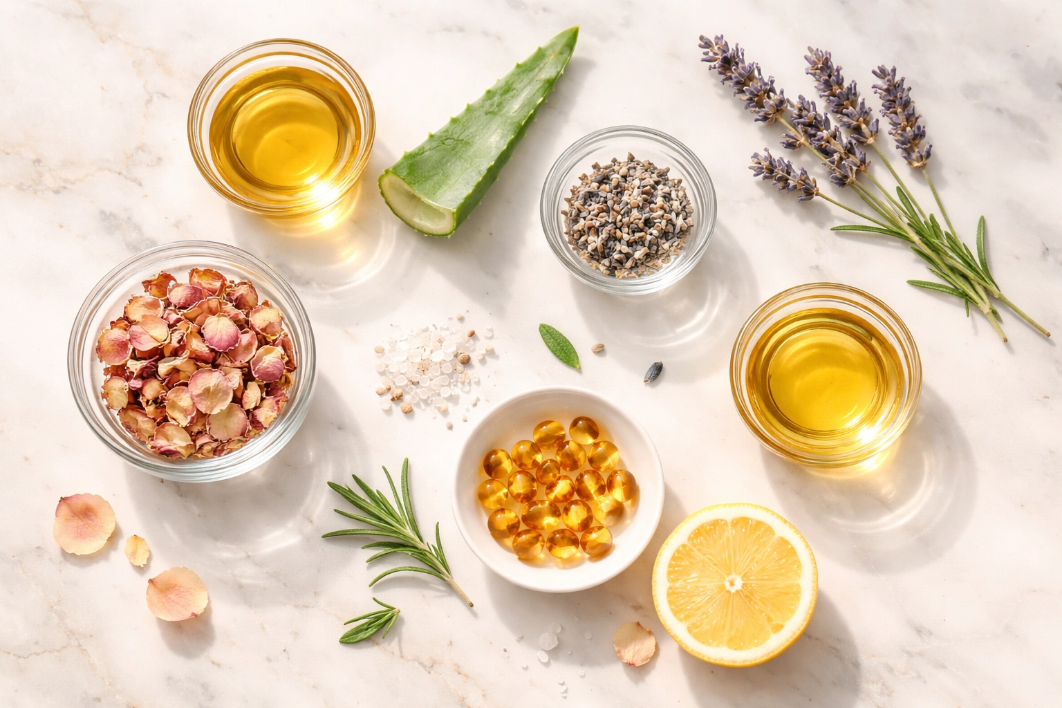 Natural skincare ingredients such as oils, rose petals, aloe, and vitamin E capsules in a minimalist flat lay