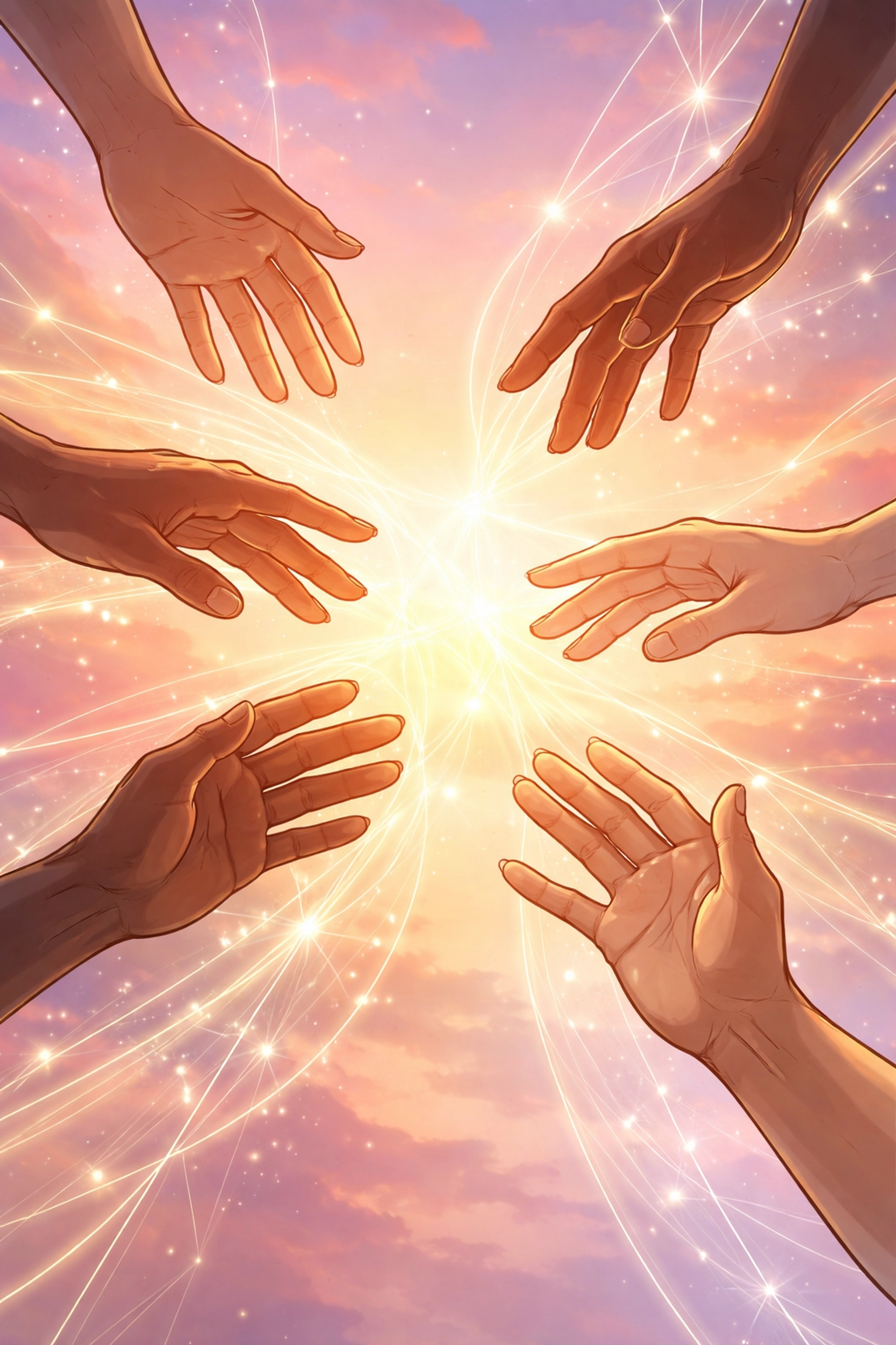 Diverse hands reaching out with glowing lines symbolize unity and spiritual connection in online church community.
