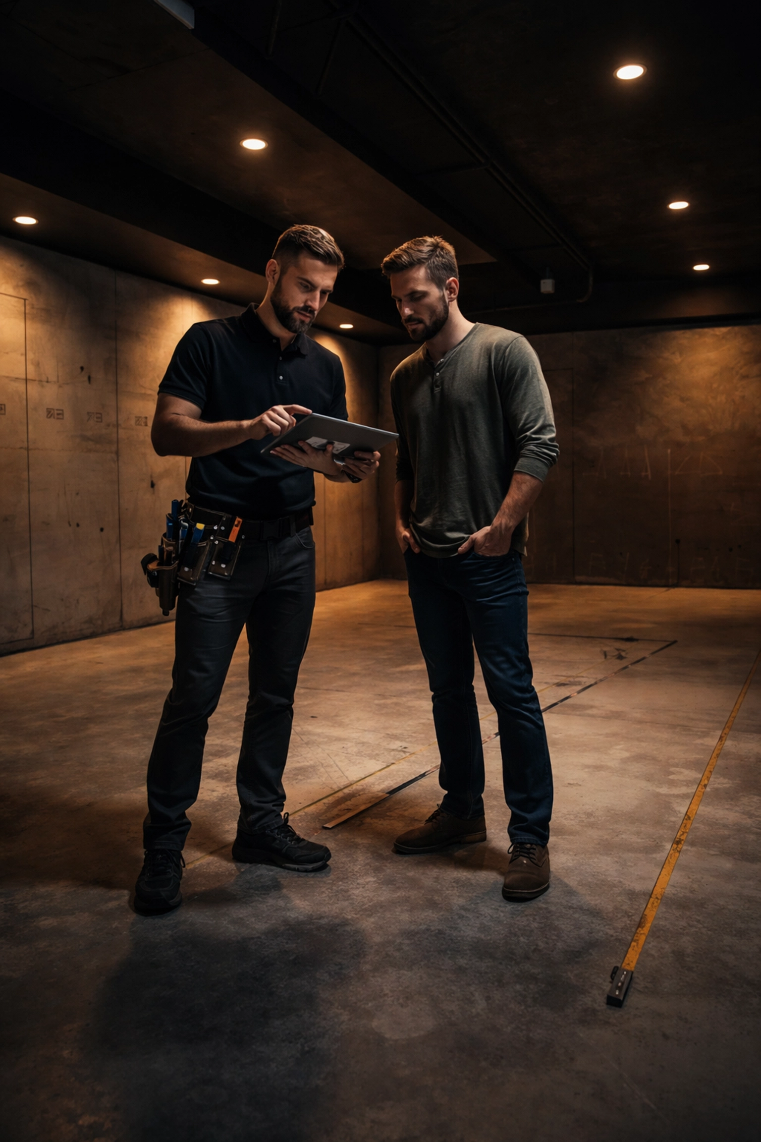 Professional home theater consultation with installer and homeowner reviewing plans in basement space