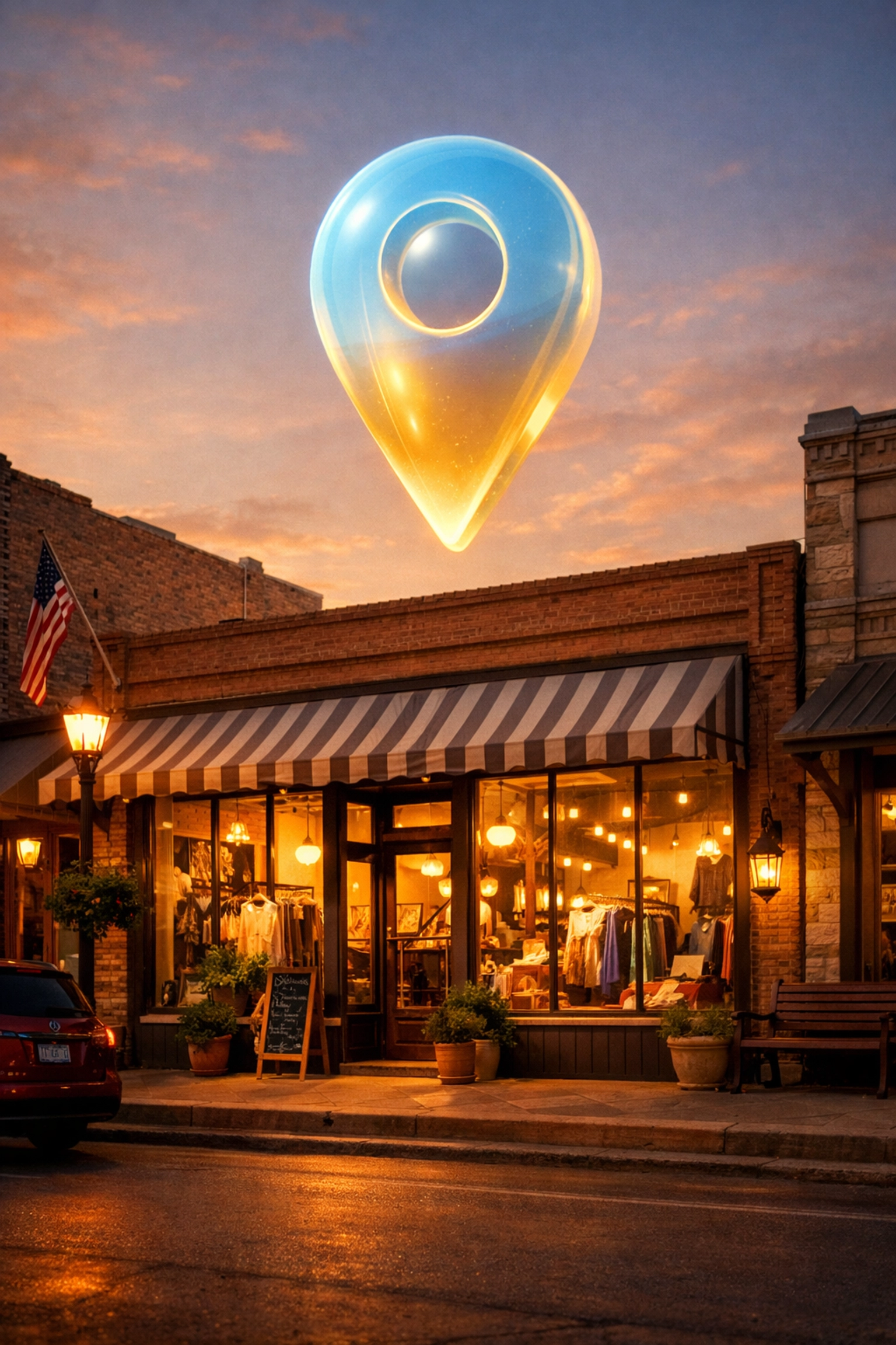 A local boutique storefront with a digital location pin, highlighting local SEO services for small business.