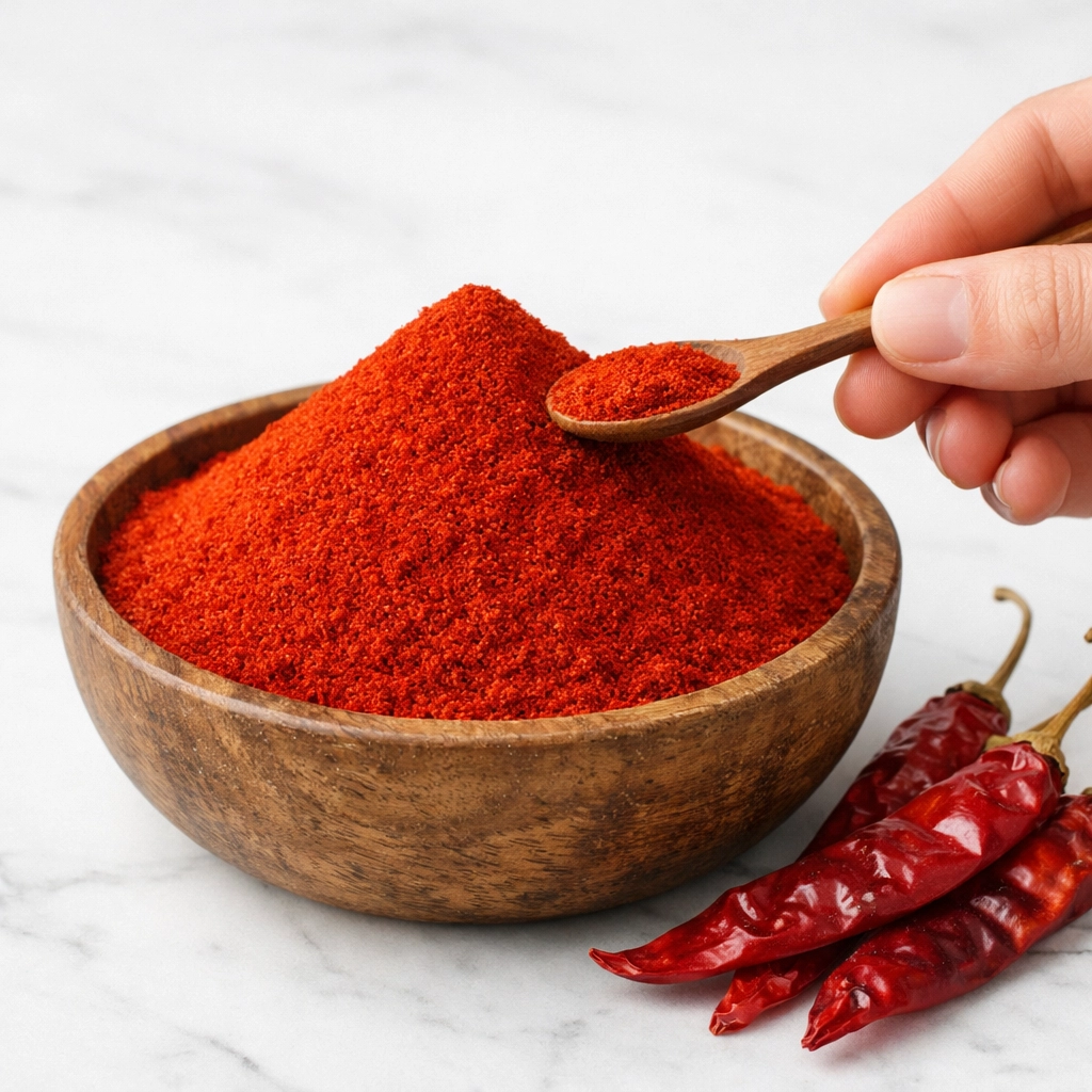 A hand scooping pure, vibrant spice powder from a bowl, showcasing the quality of spice powder online.