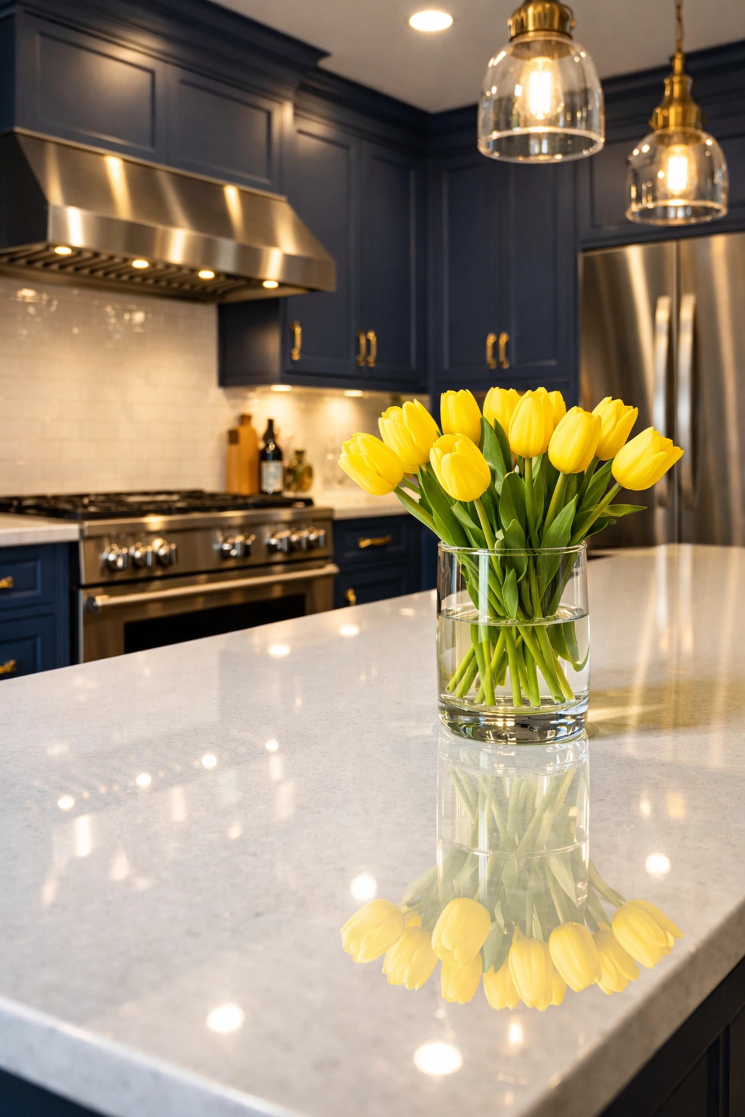 Detailed house cleaning Cambridge MA in a West Cambridge kitchen featuring polished countertops and blue cabinetry.