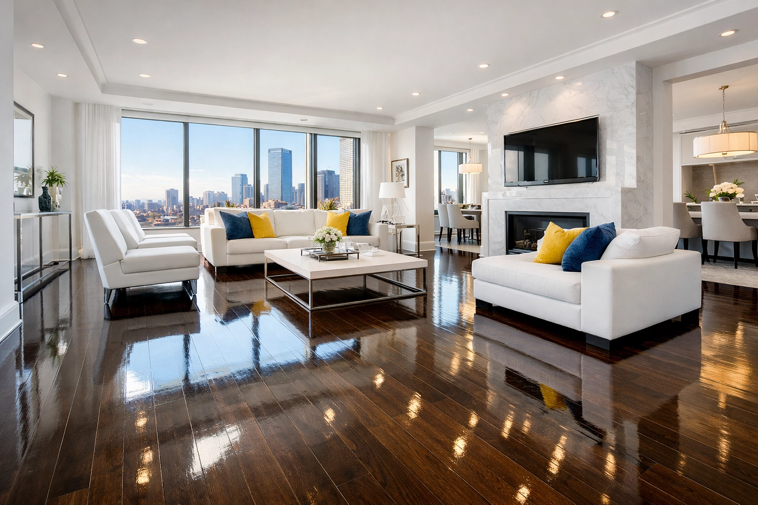 Professional cleaners Boston MA ensure polished floors in a luxury home to increase listing value.