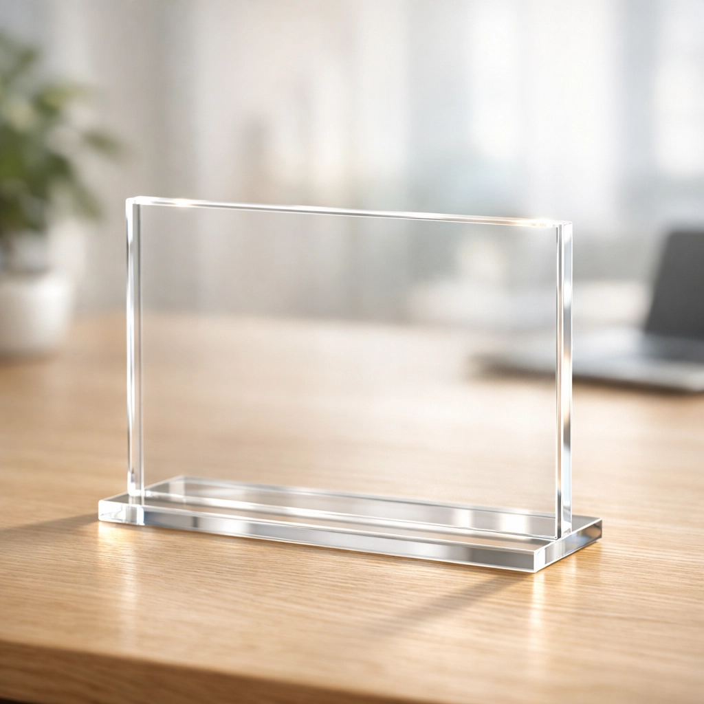 Clear laser-cut acrylic desktop award with polished edges on a wooden desk in a modern office setting.