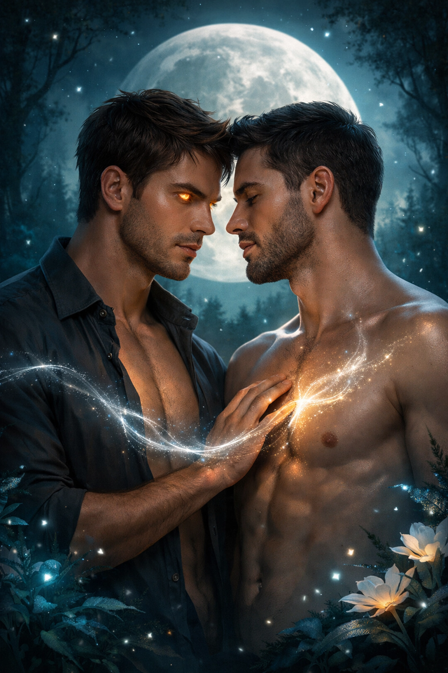 Two men in a magical forest at night, depicting the fated mates trope in MM fantasy romance books.