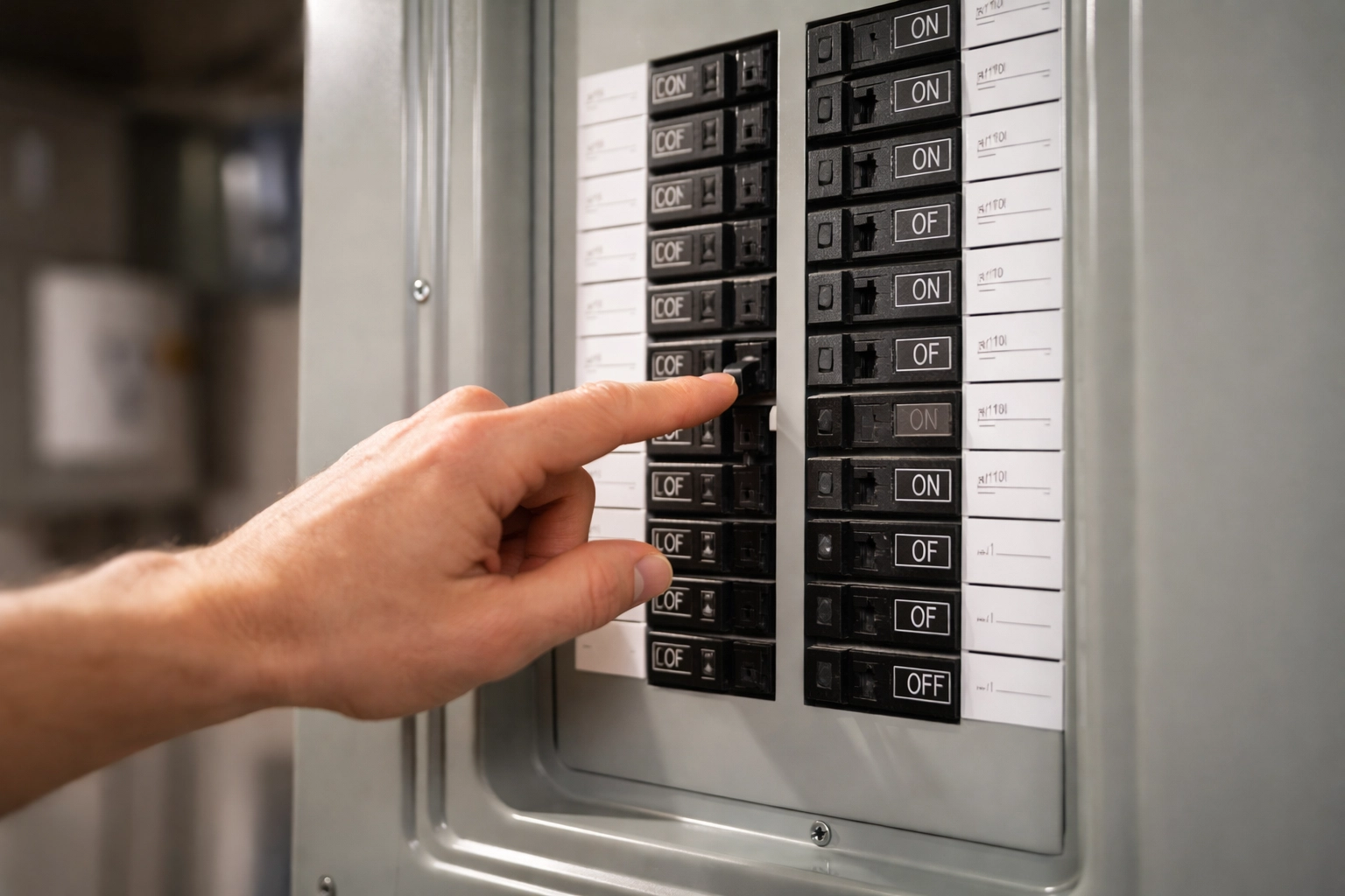 Person reaching to reset a tripped breaker in a home electrical panel, important for GFCI outlet troubleshooting and repair.