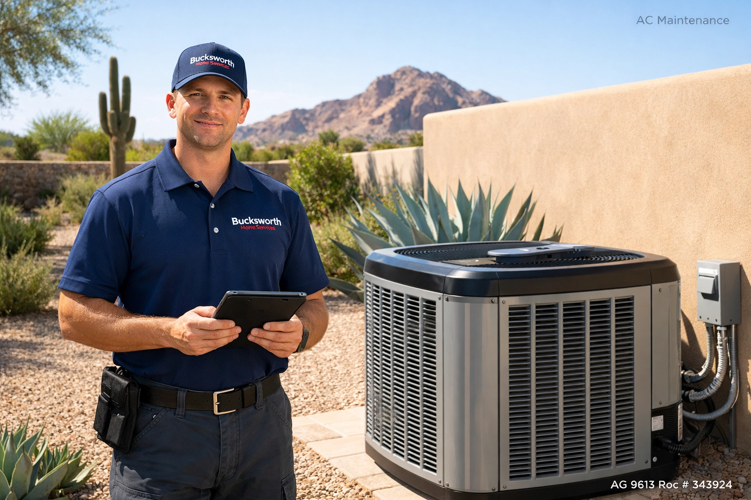Bucksworth technician performing professional AC maintenance in a Paradise Valley backyard.