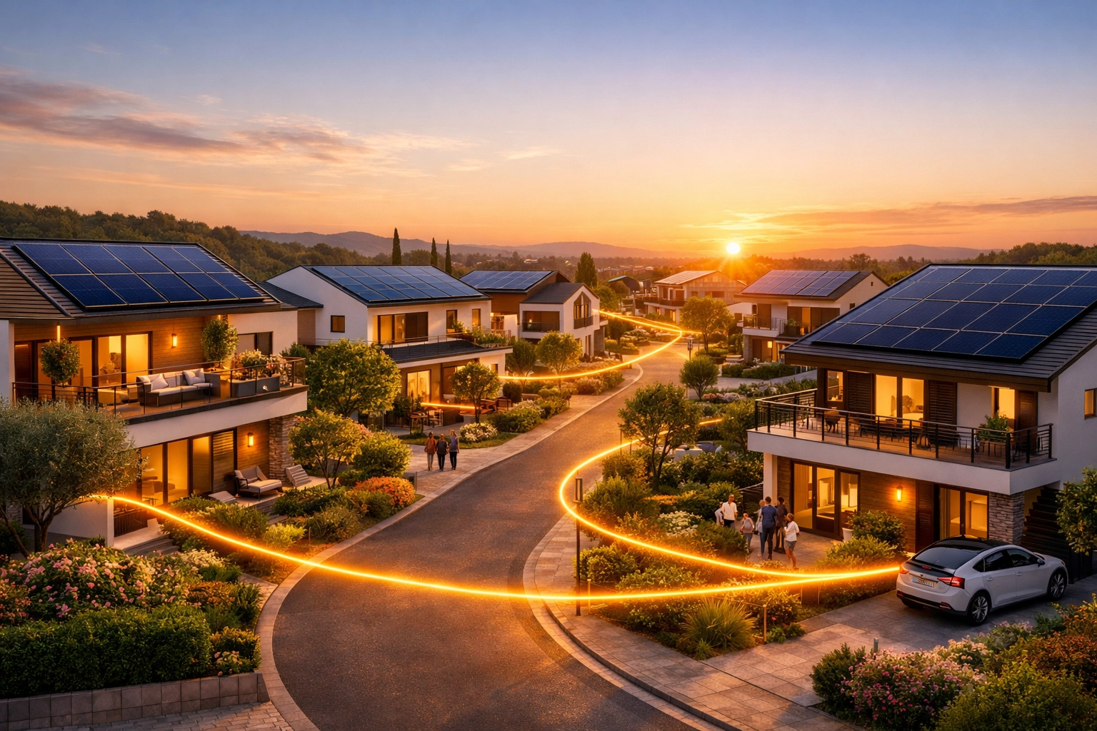 Case moderne con pannelli fotovoltaici collegate per la condivisione energetica di quartiere.