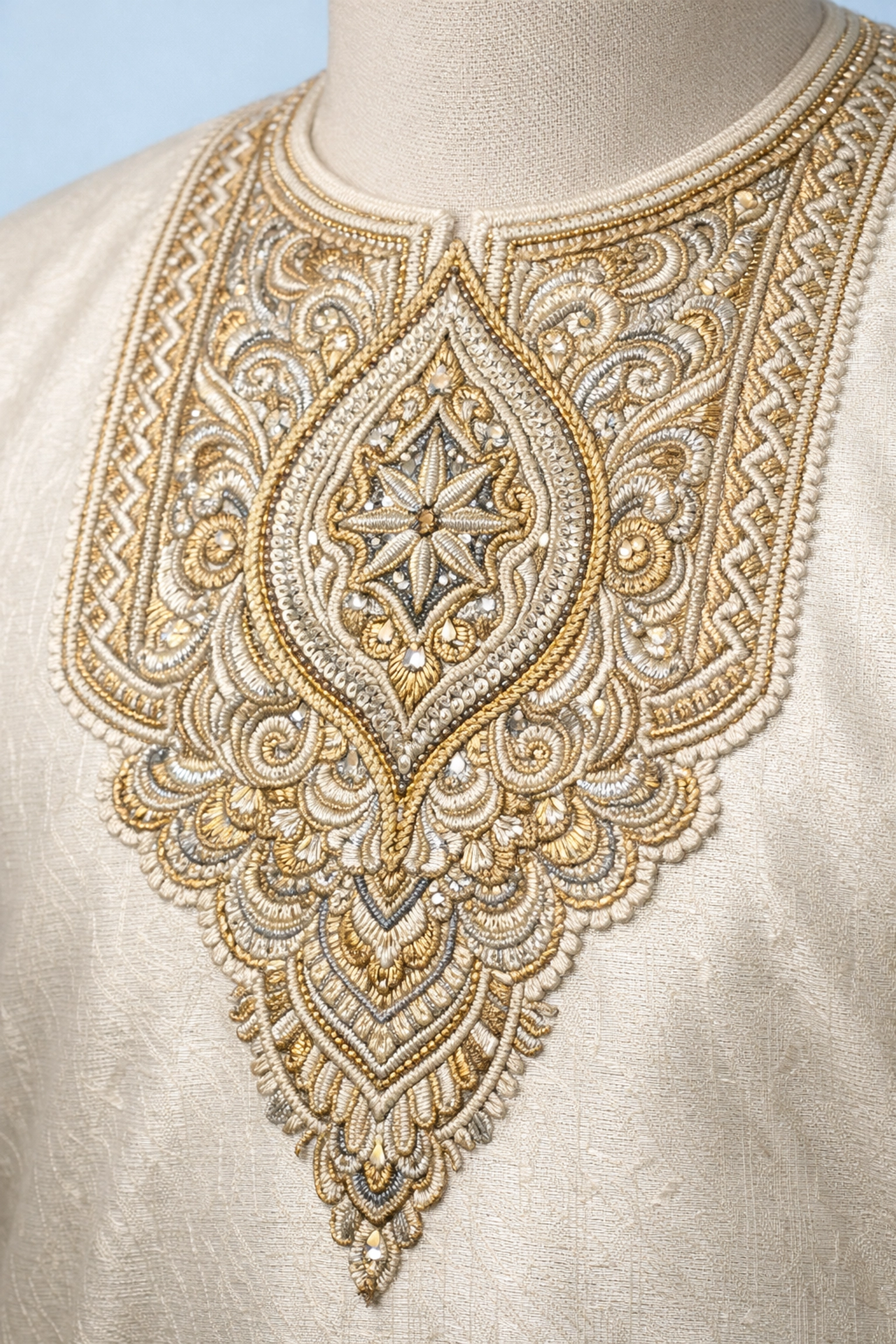 Close-up of high-quality metallic embroidery on a luxury Buba, highlighting traditional craftsmanship.