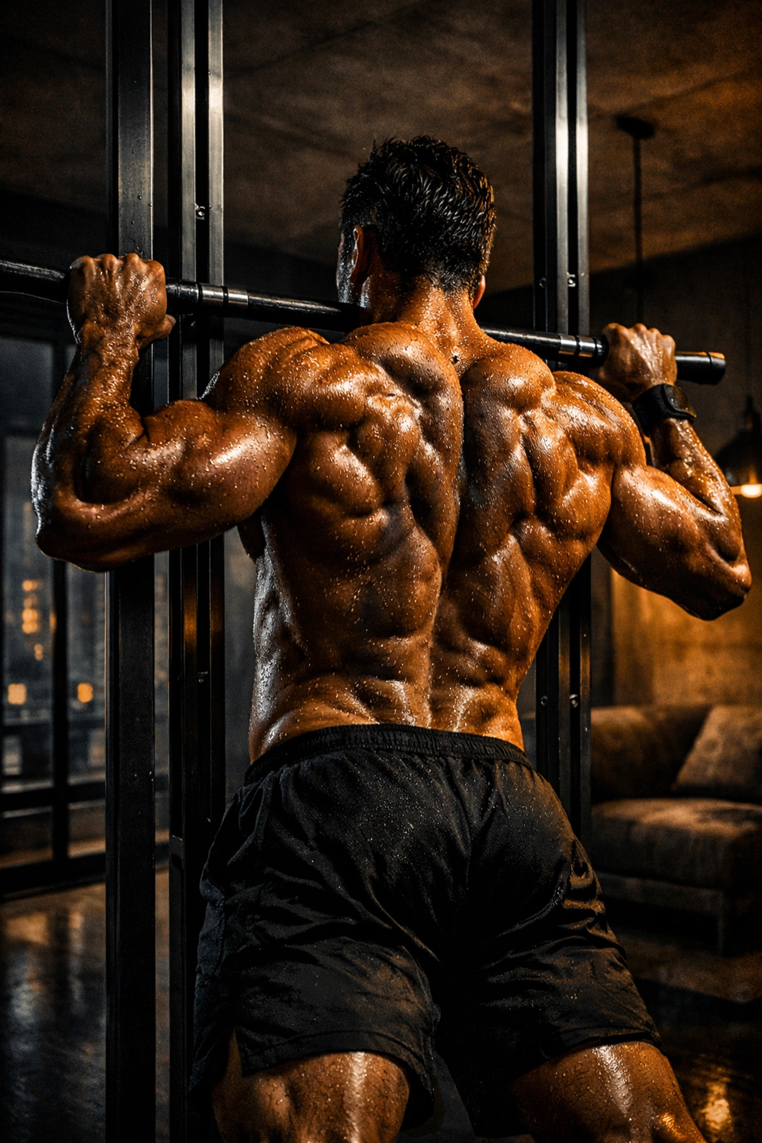 Athlete performing a bodyweight row on a floor to ceiling gym system for back strength at home.
