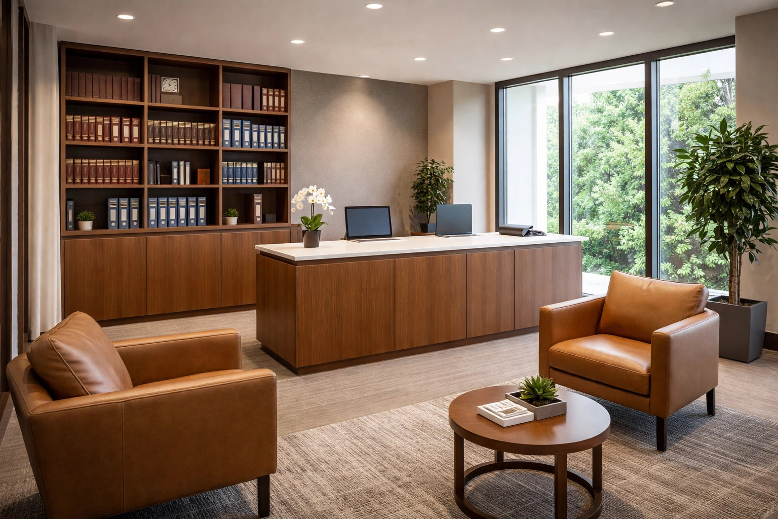 Modern professional office reception area showcasing secure office insurance for accounting and law firms.