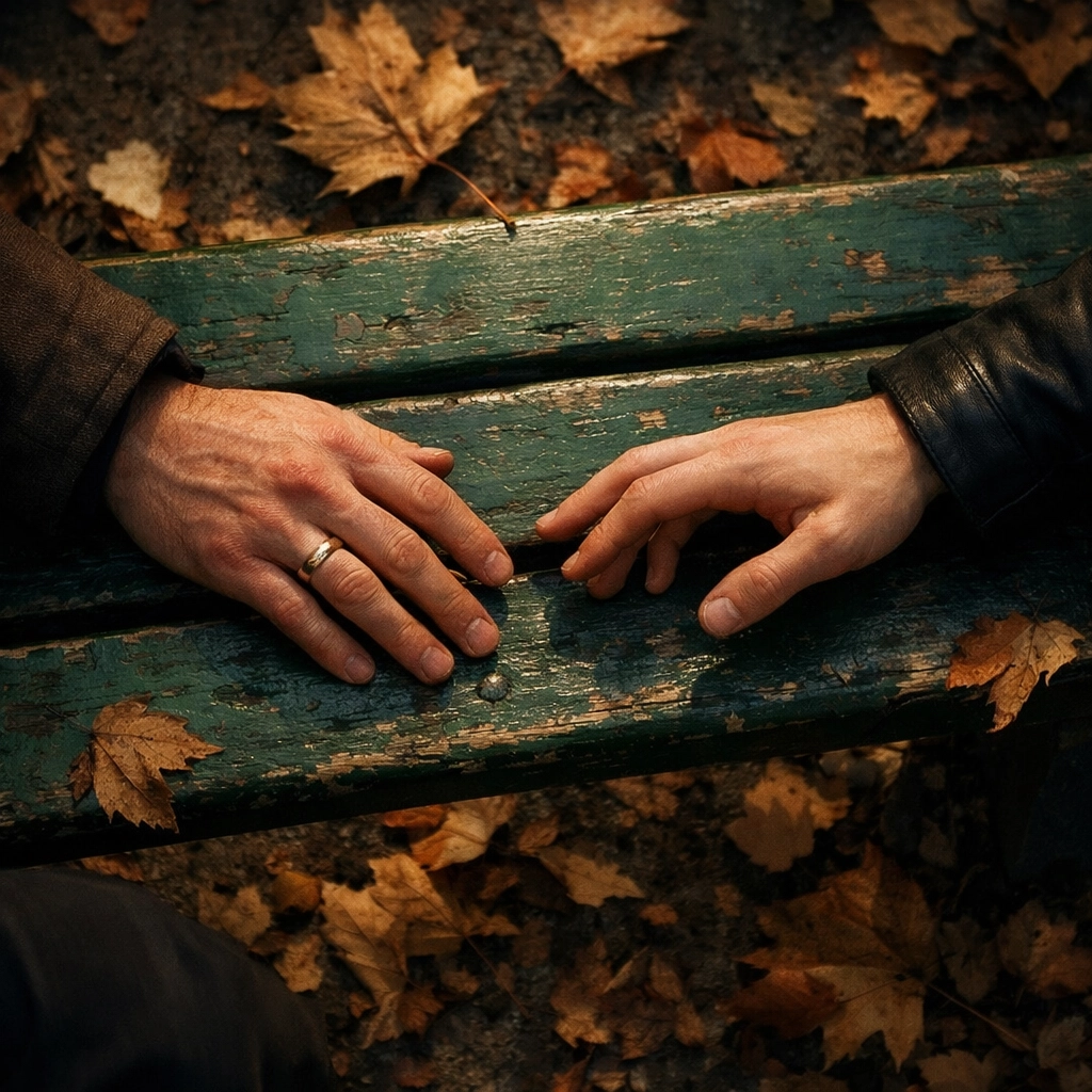 Two men's hands nearly touching on Moscow park bench, one wearing wedding ring from forced marriage