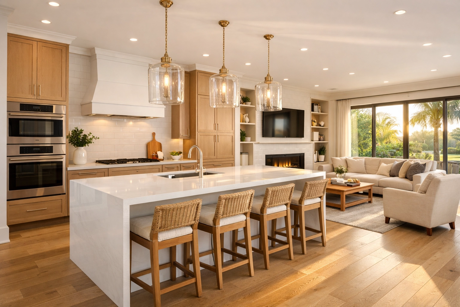 Modern open-concept kitchen remodel in Orlando featuring white quartz countertops and light oak floors.