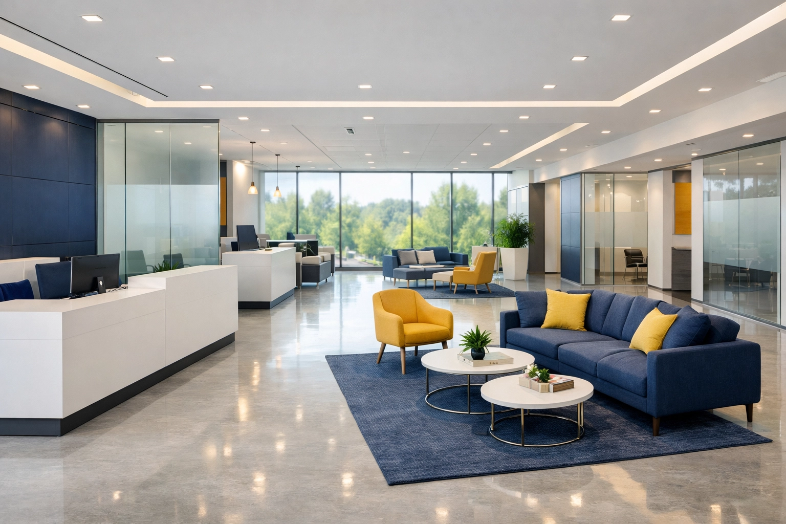 A modern, sun-drenched office lobby in Westford featuring polished floors and professional commercial cleaning Westford standards.