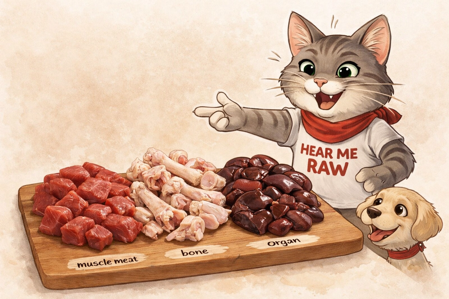 Three essential raw cat food ingredients: muscle meat, bone, and organ meat on cutting board