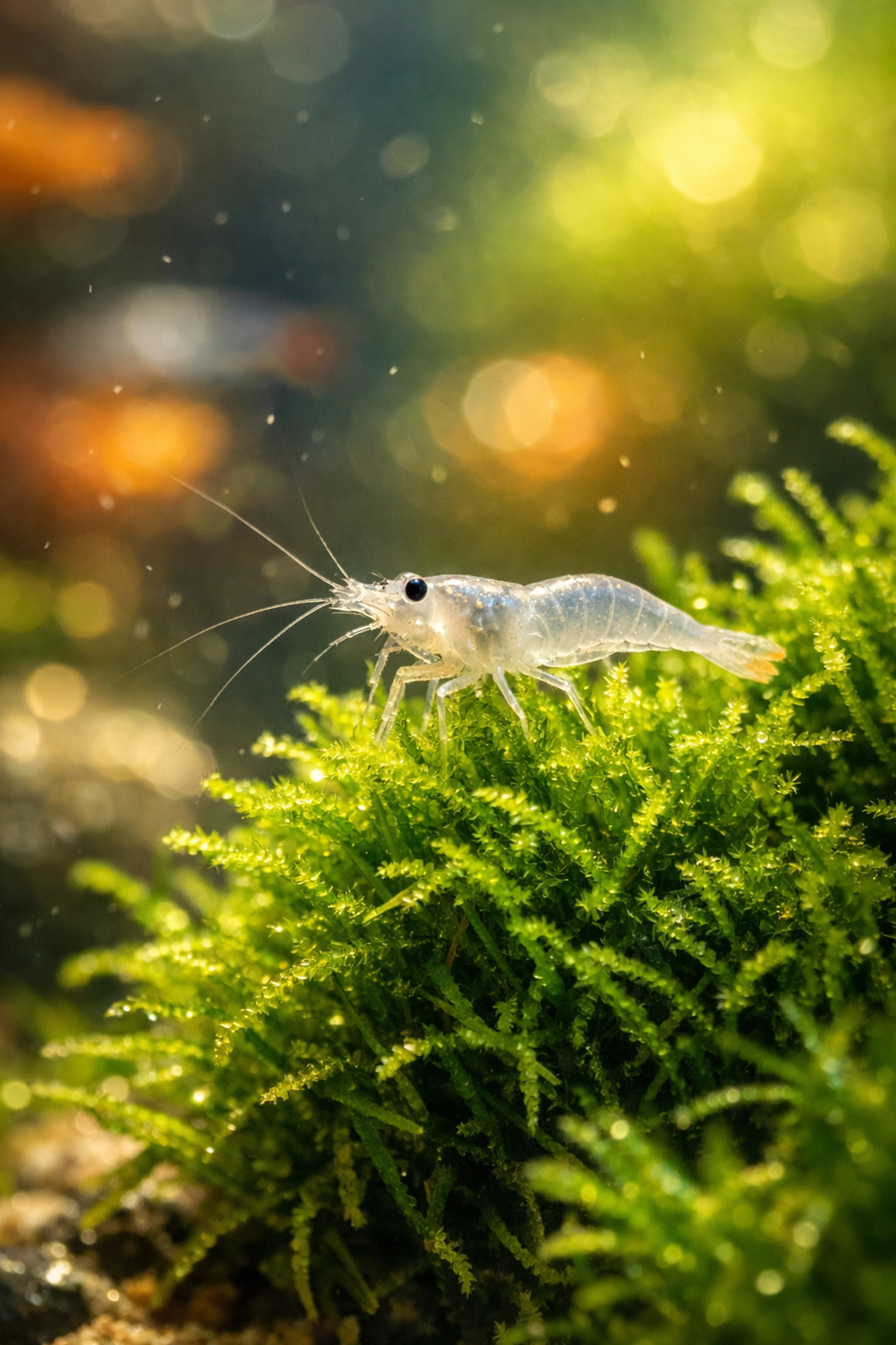 A ghost shrimp on green moss in a balanced aquarium with crystal clear water and healthy bacteria.