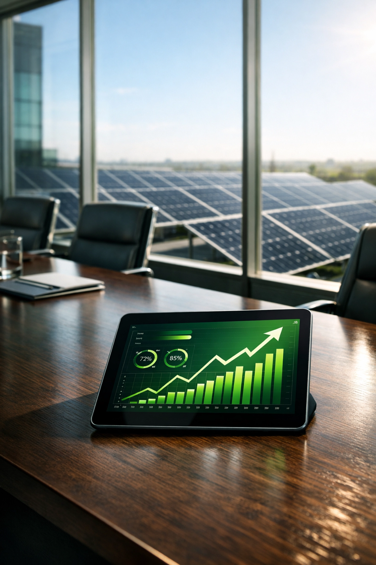 Business solar power ROI data displayed on a tablet in a modern boardroom with rooftop solar panels in view.