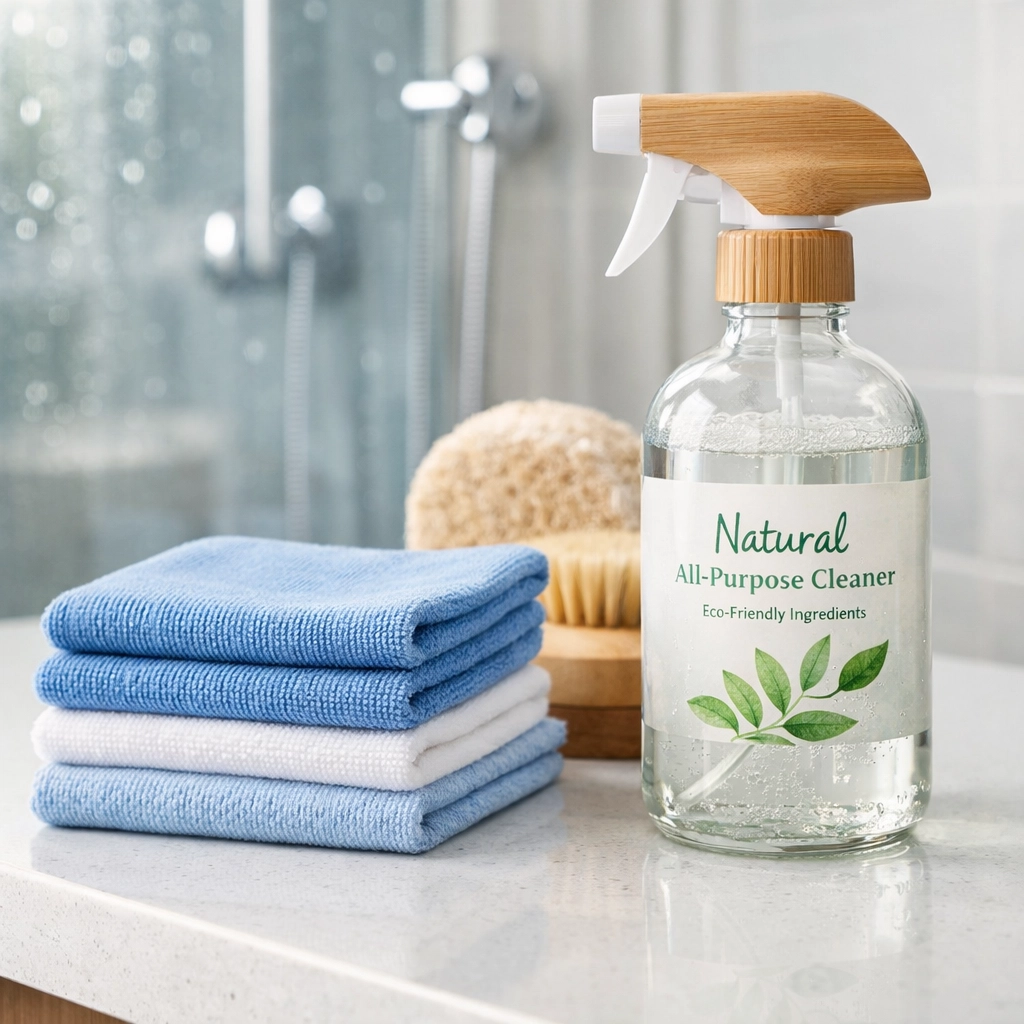 Eco-friendly bathroom cleaning supplies on a quartz vanity from professional house cleaning services in MA.
