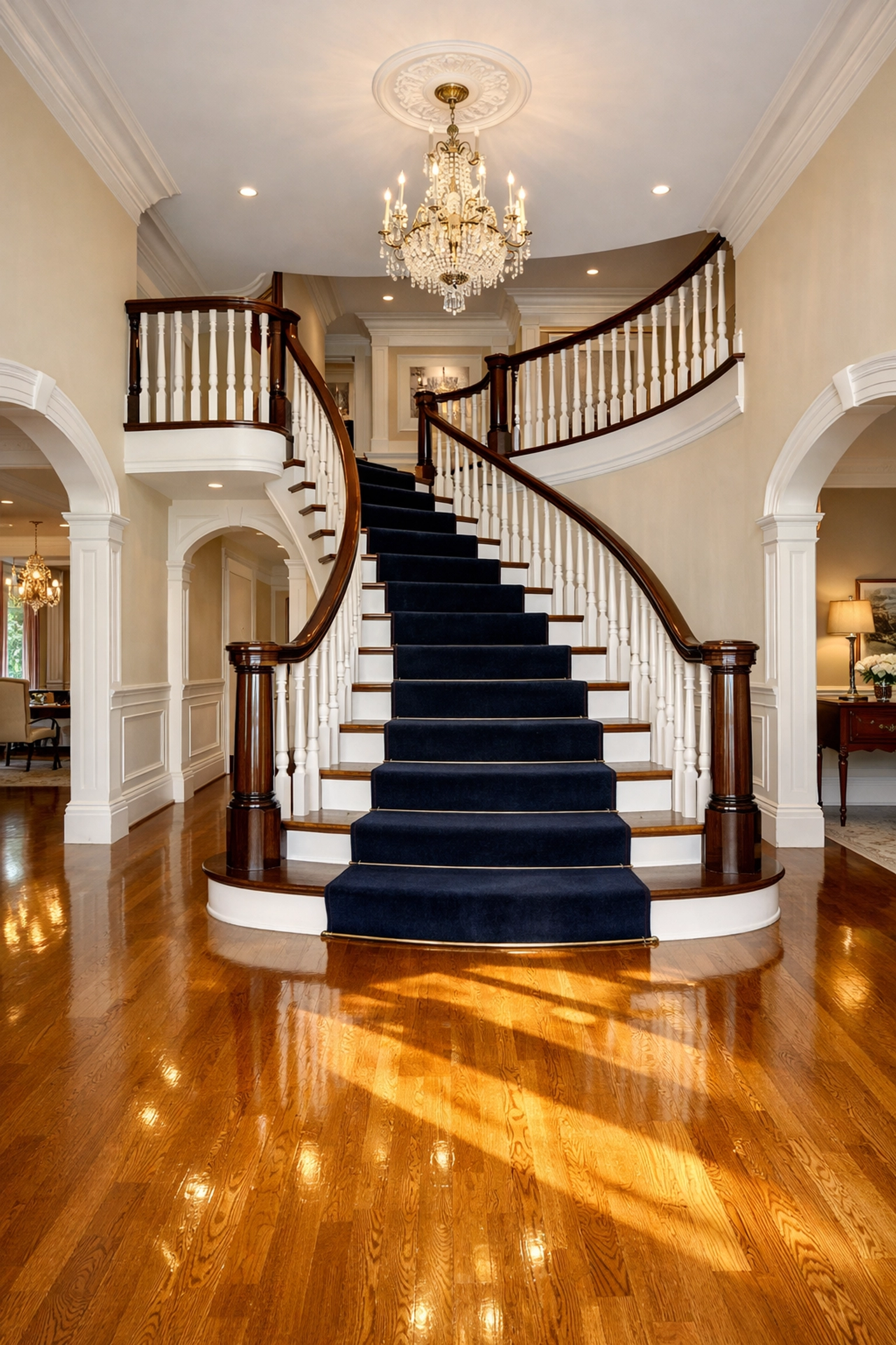 Polished hardwood floors and a grand staircase following premium residential cleaning Massachusetts.