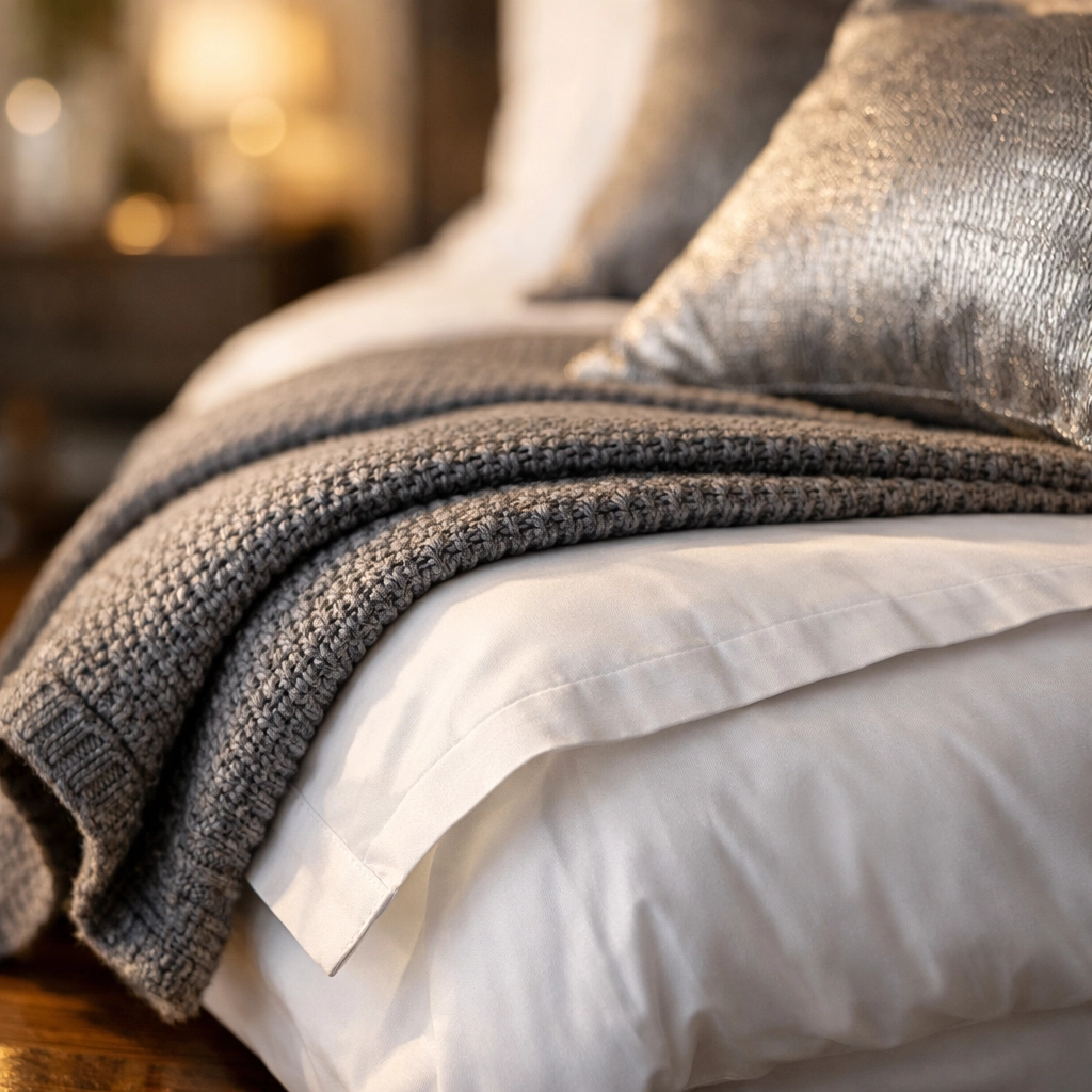 Crisp white linens on a perfectly made bed, illustrating the sanctuary of a weekly house cleaning service.
