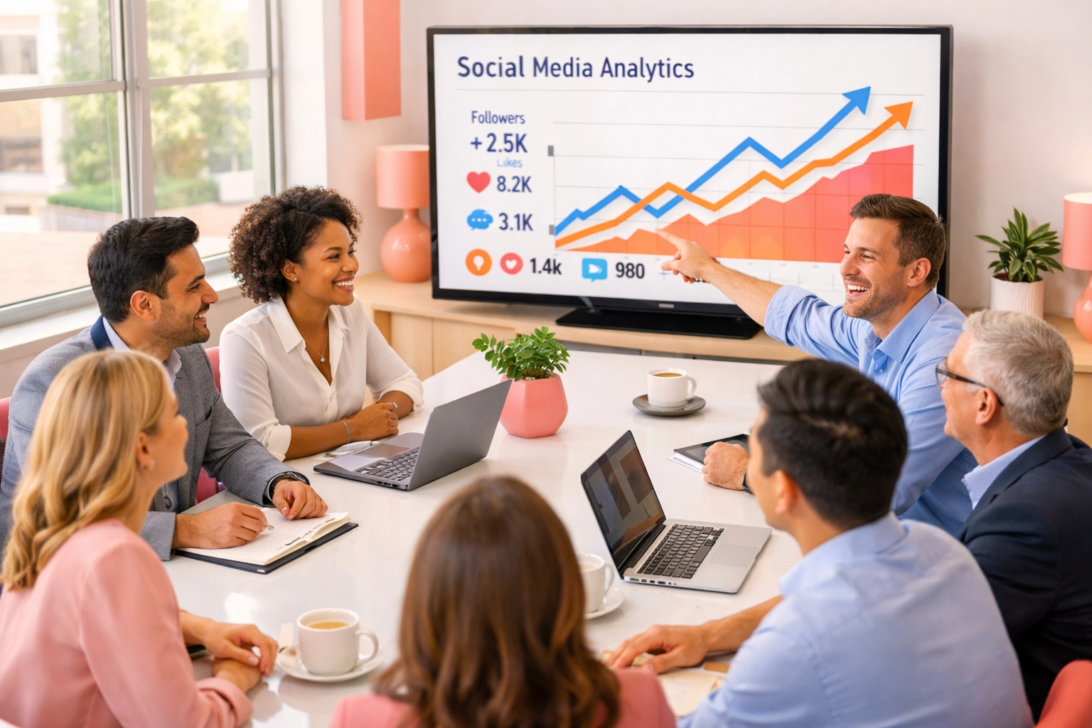 Business team analyzing social media analytics and lead generation metrics on monitor