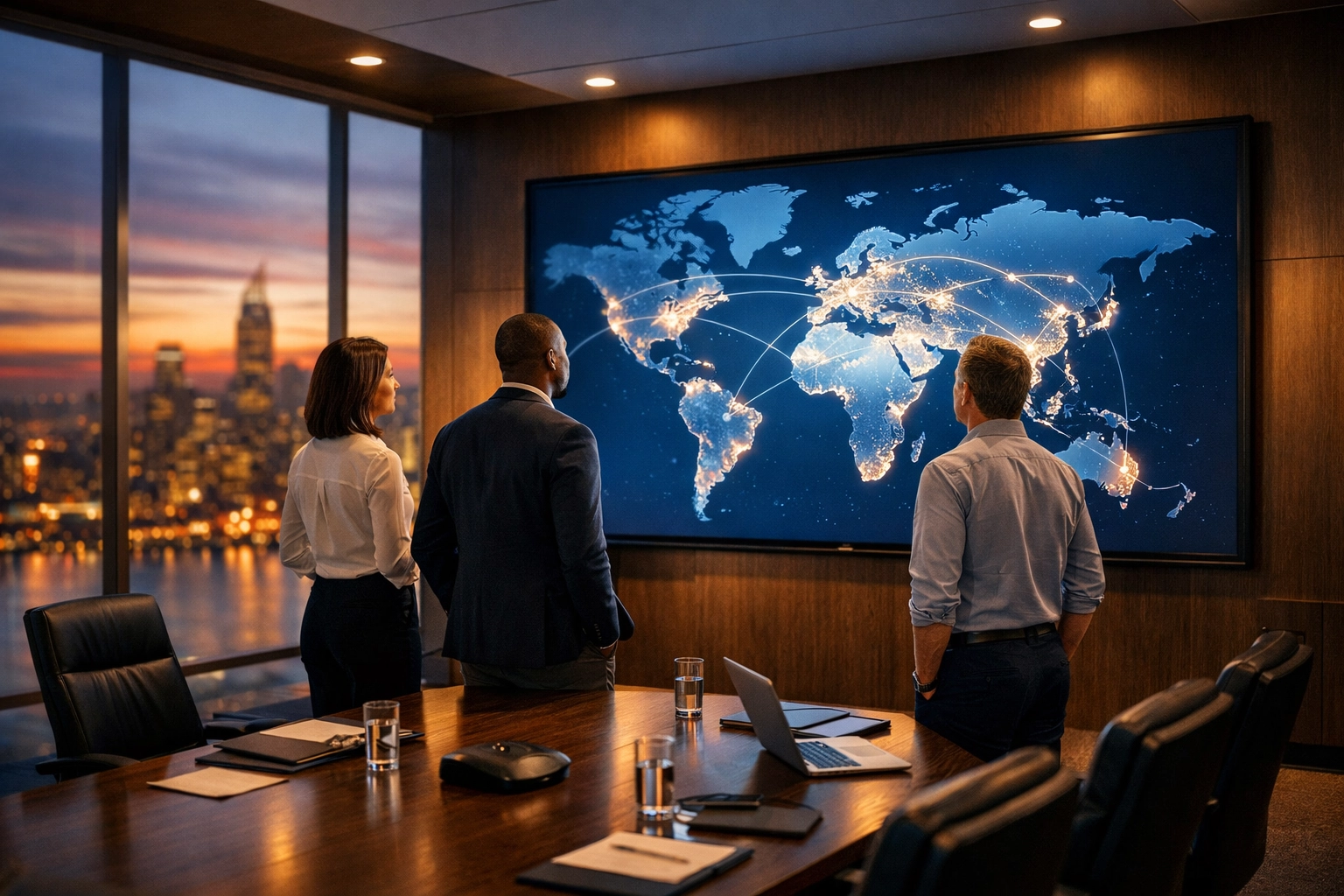 Corporate strategy team reviewing global connectivity and media growth plans in a modern office setting.
