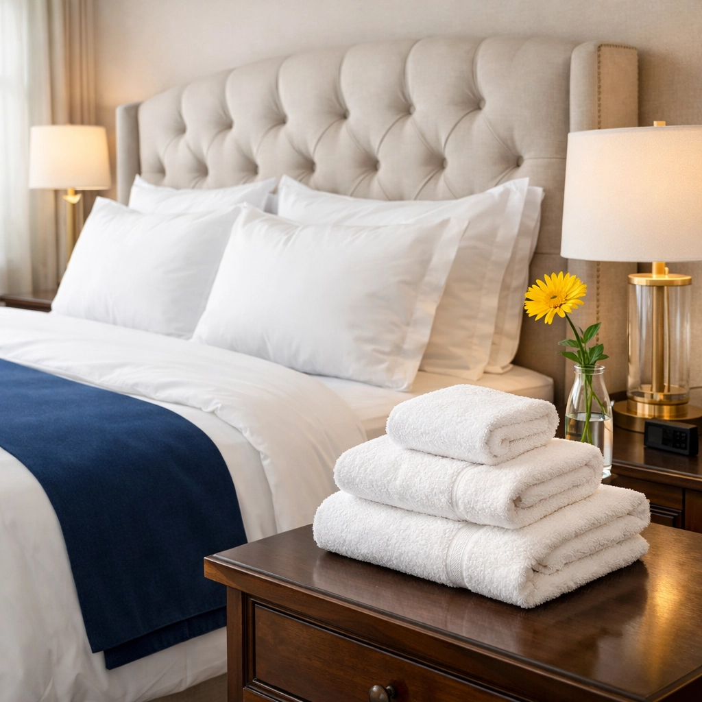 Sanitized luxury bedroom in a Wellfleet vacation rental with crisp white linens and dust-free surfaces.