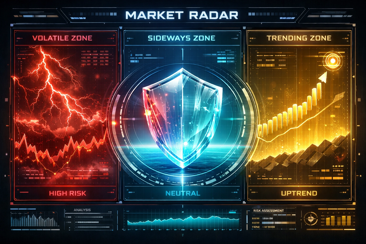Automated market regime detection interface showing risk management during volatility.