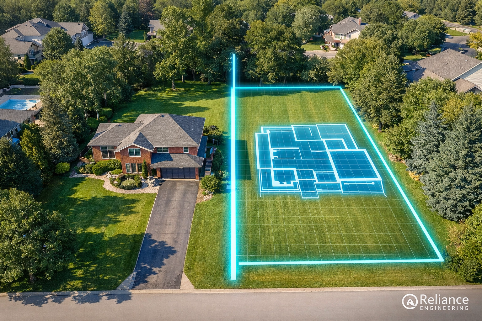 Drone view of an Ontario residential lot showing a proposed lot severance and new building footprint.