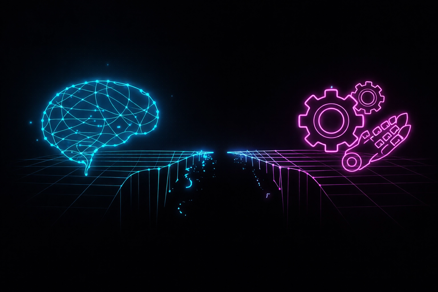Abstract neon line art showing the gap between predictive AI insights and real-world execution in enterprise decision-making