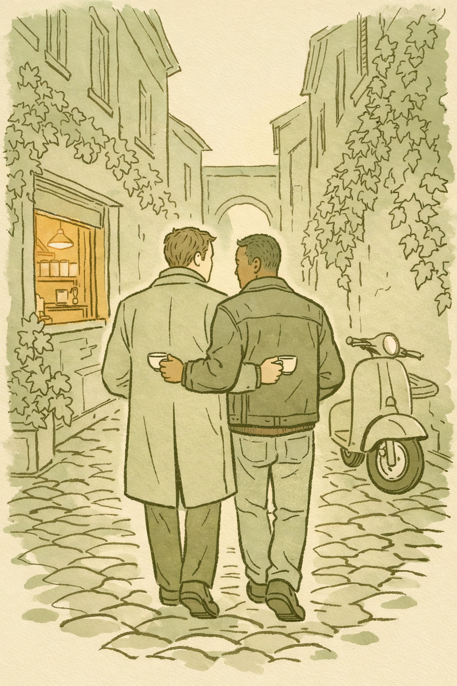 Gay couple walking Roman cobblestone street at dawn - intimate MM romance moment in Italy