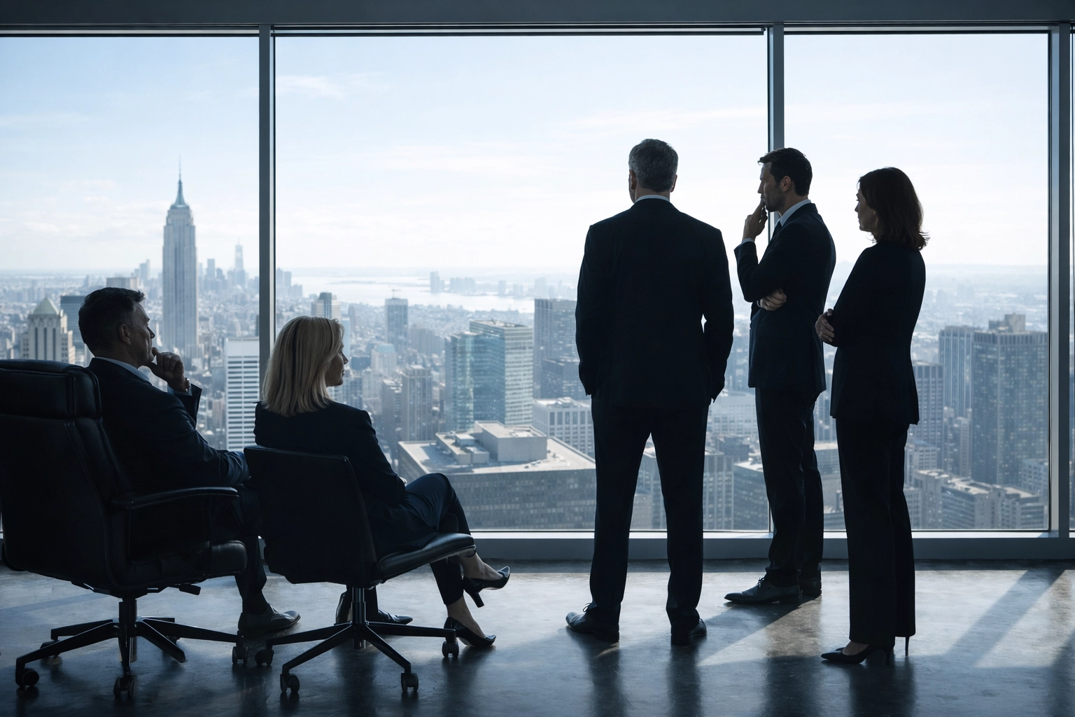 Executive chair facing dawn cityscape symbolizing Sabbath rest principle for Christian leaders Executive chair facing dawn cityscape symbolizing Sabbath rest principle for Christian leaders