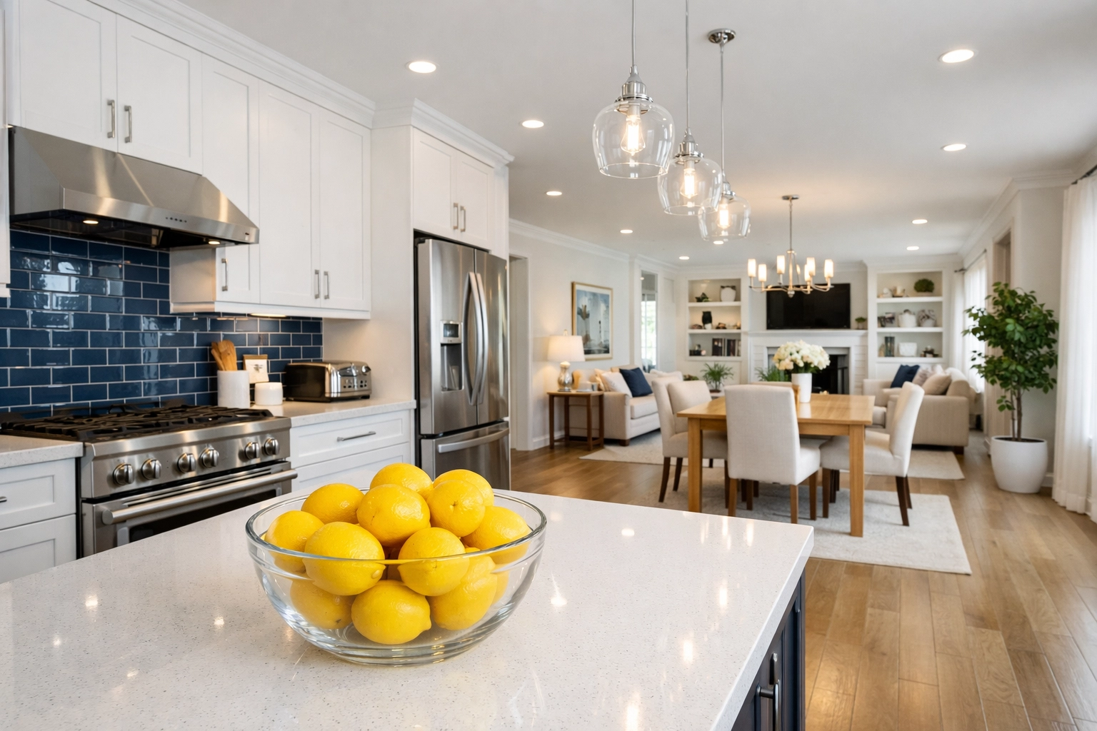 Sanitized luxury kitchen with white cabinetry and sparkling surfaces, a standard for apartment cleaning in Boston.