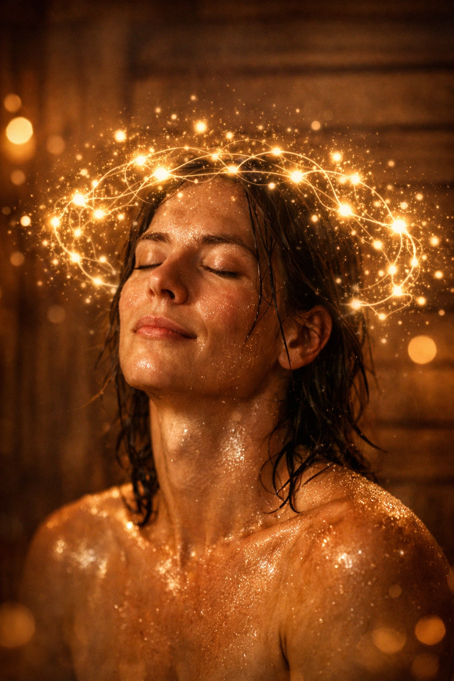 A person relaxing in a sauna showing a representation of brain health and endorphin release.