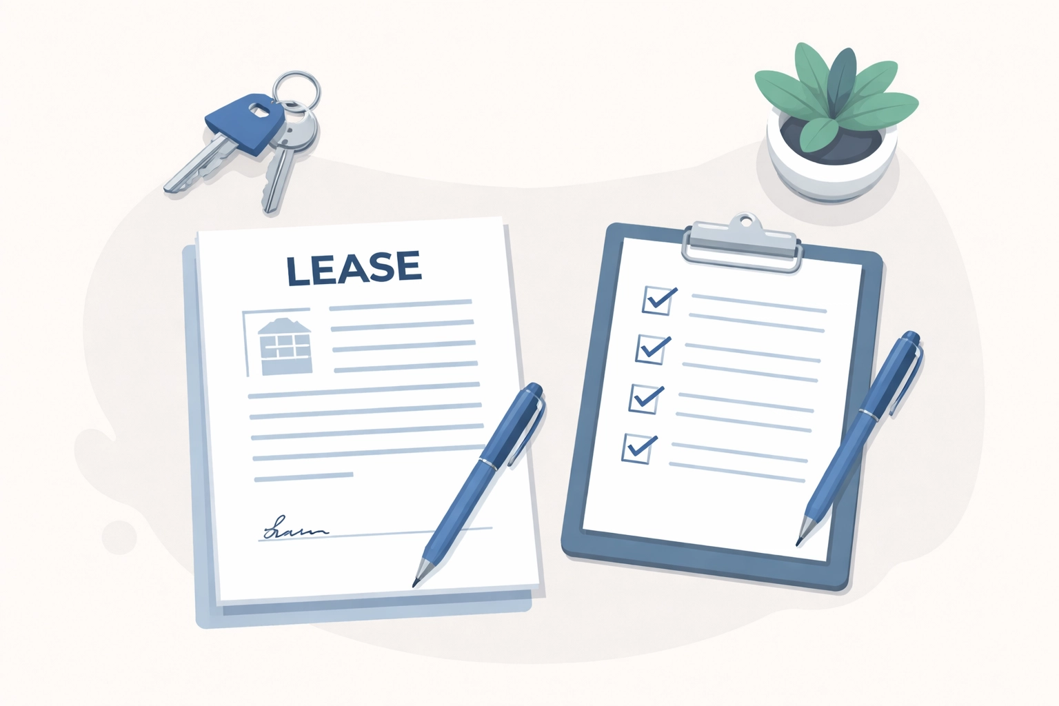 Top-down view of a property manager’s desk with lease, keys, and checklist depicting property management services organization.