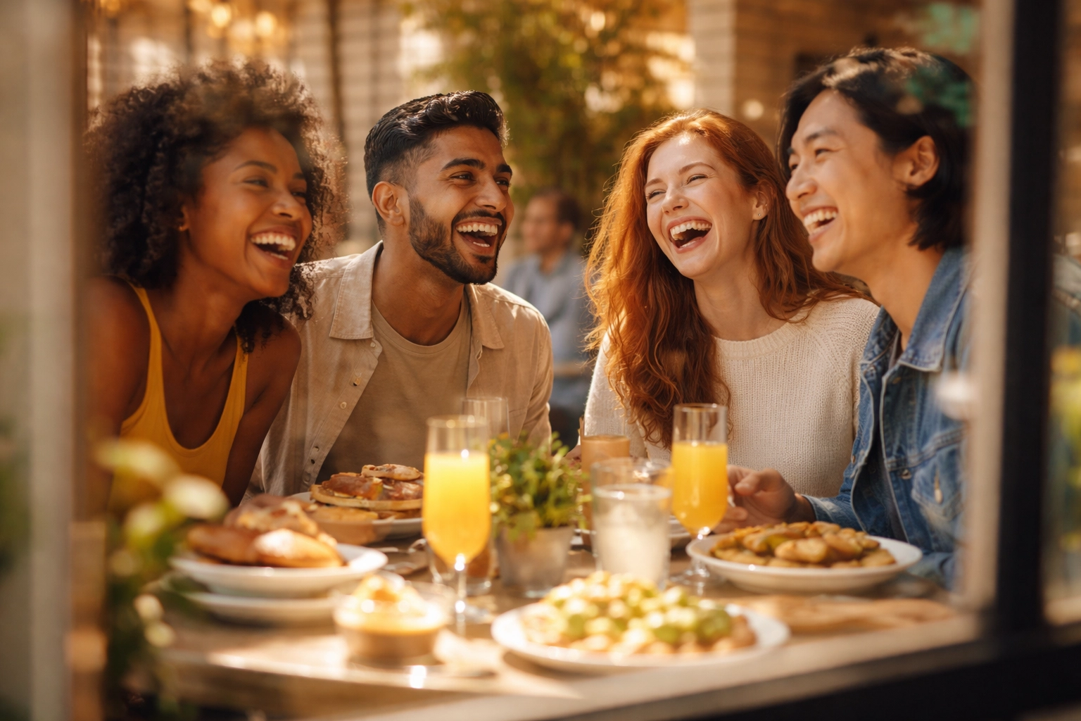 Diverse friends enjoying brunch at an inclusive cafe, reflecting community and LGBTQ affirming spaces.