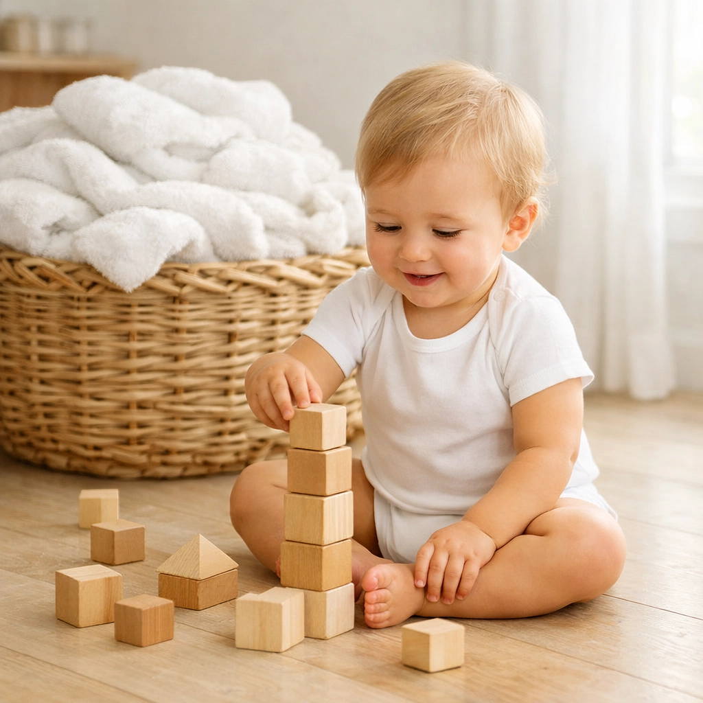 A toddler playing near fresh laundry, highlighting safe and family friendly products for a healthy home.