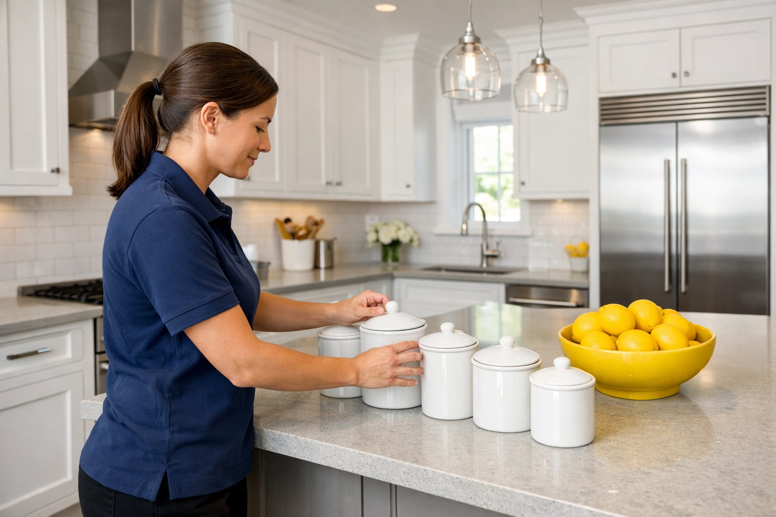 Professional cleaner organizing a modern kitchen in Belmont, MA, as part of premium residential cleaning services.