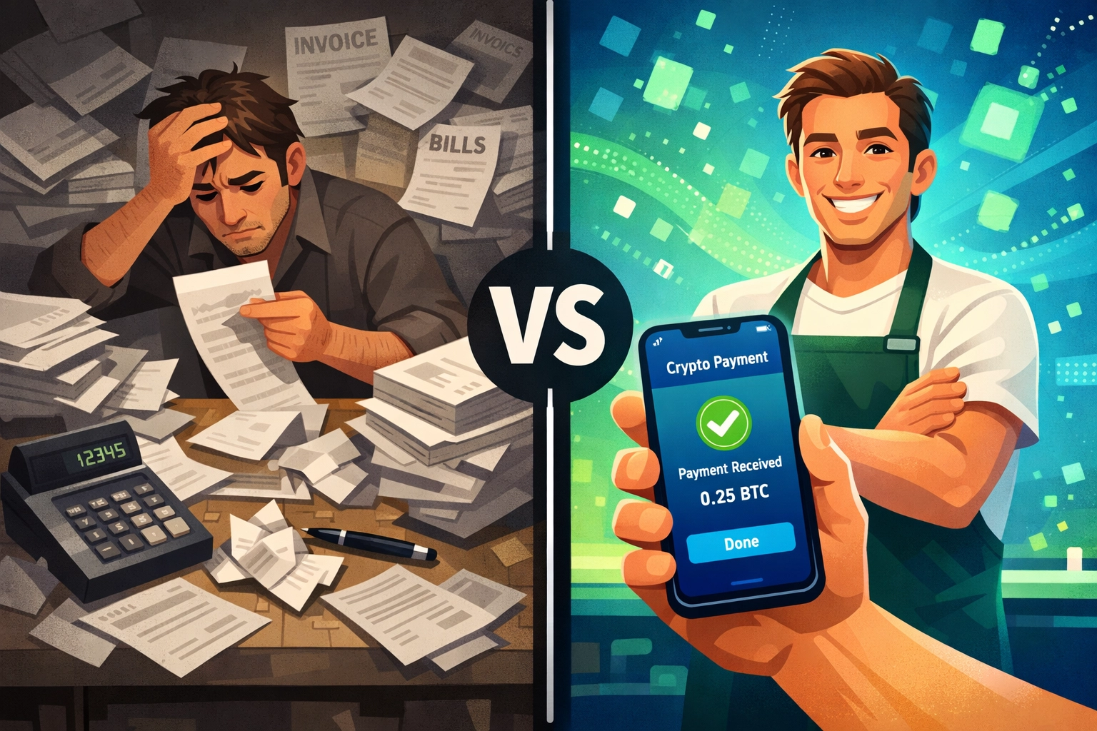 Side-by-side comparison of traditional payment processing versus LUSD crypto payment system efficiency