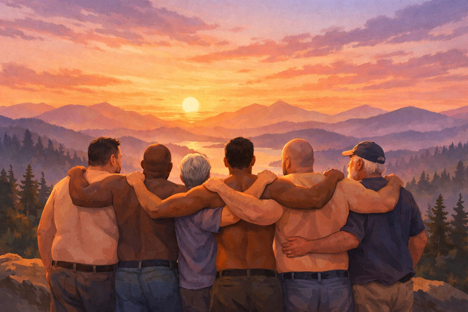 Diverse gay hikers standing together on mountain overlook celebrating body positivity at dawn