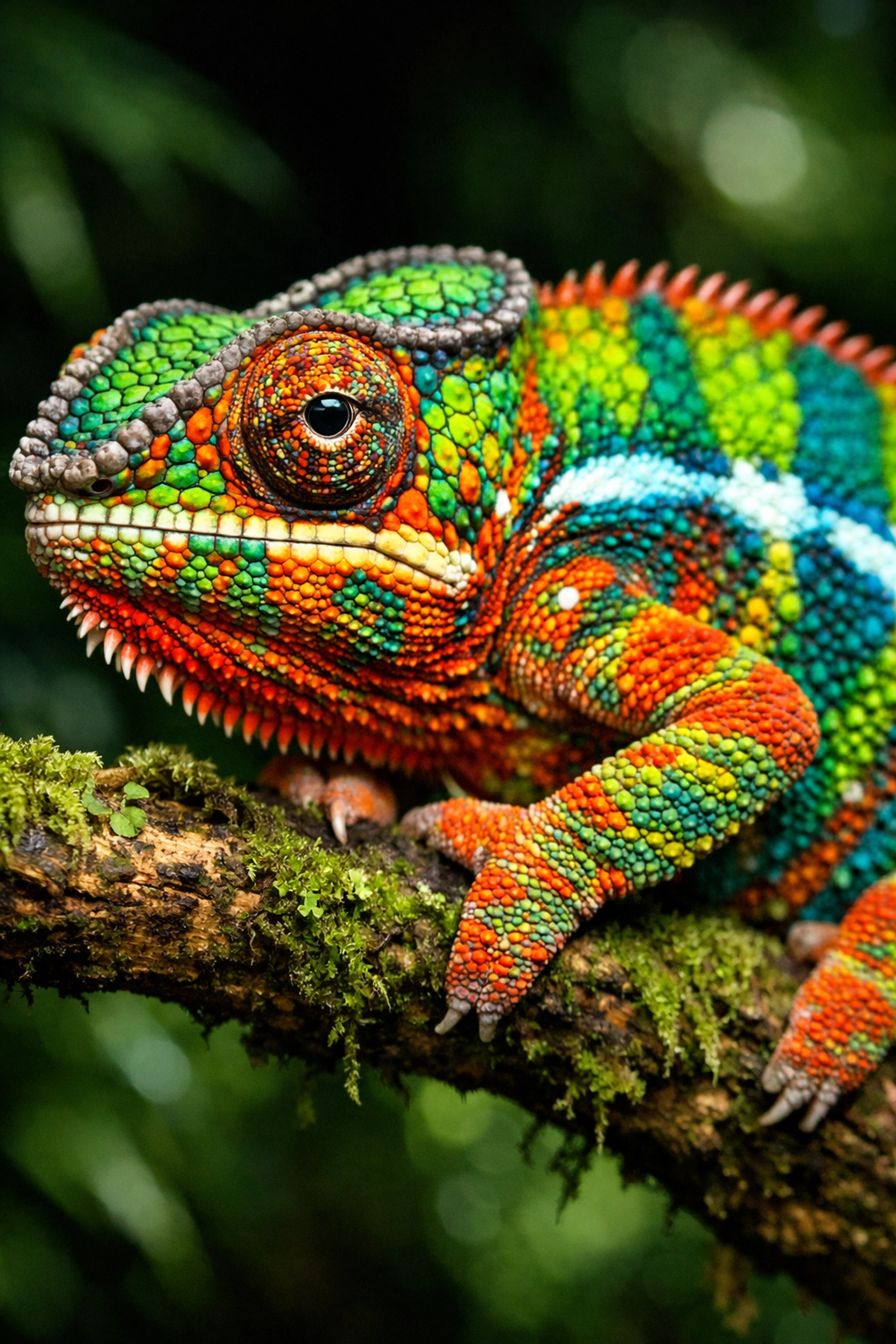 Macro shot of a vibrant Panther Chameleon highlighting animal photography quality.