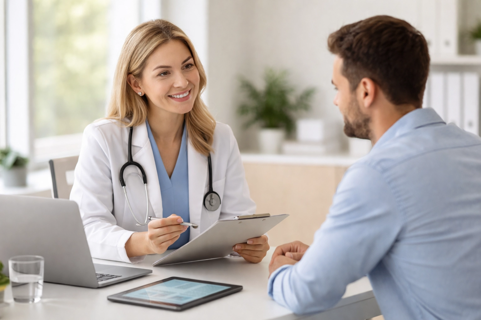 Licensed Brookfield medical provider discussing testosterone replacement therapy care with a patient in a clinic.