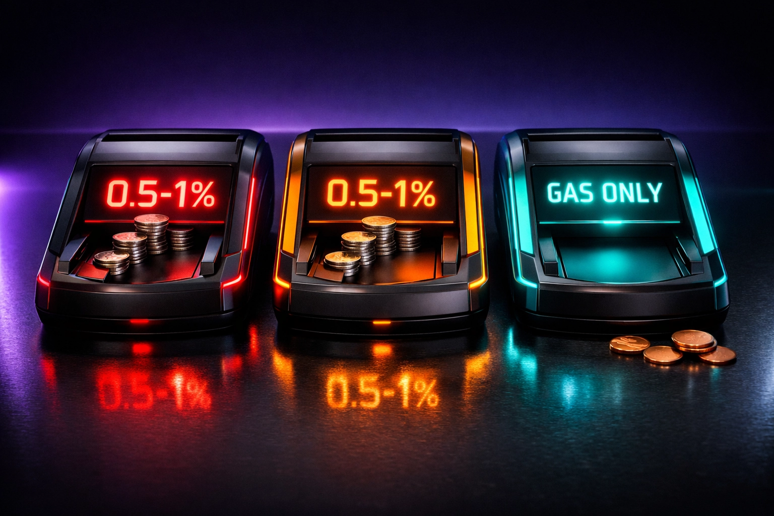 Crypto payment terminal comparison showing NOWPayments and CoinPayments percentage fees vs Larecoin gas-only model