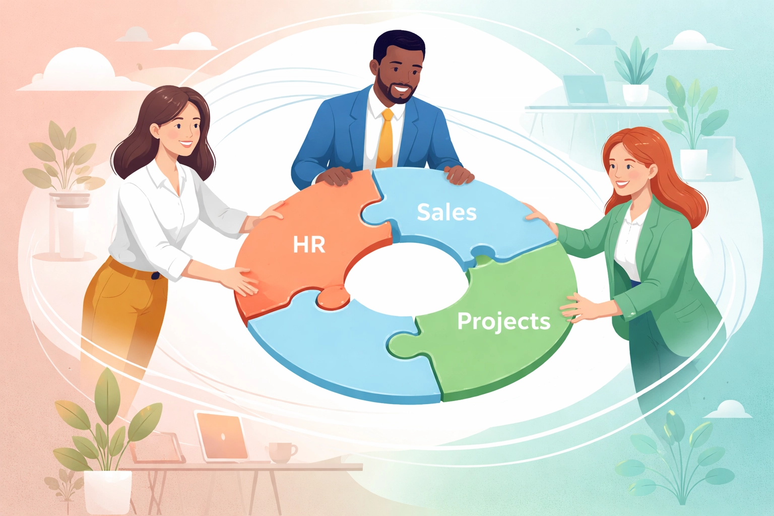 HR, Sales, and Project team members connecting puzzle pieces, illustrating seamless collaboration through integrated business management.
