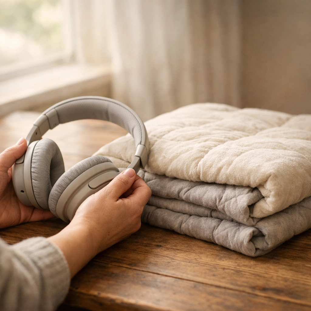 Sensory tools for ADHD parents including noise-canceling headphones and weighted blanket