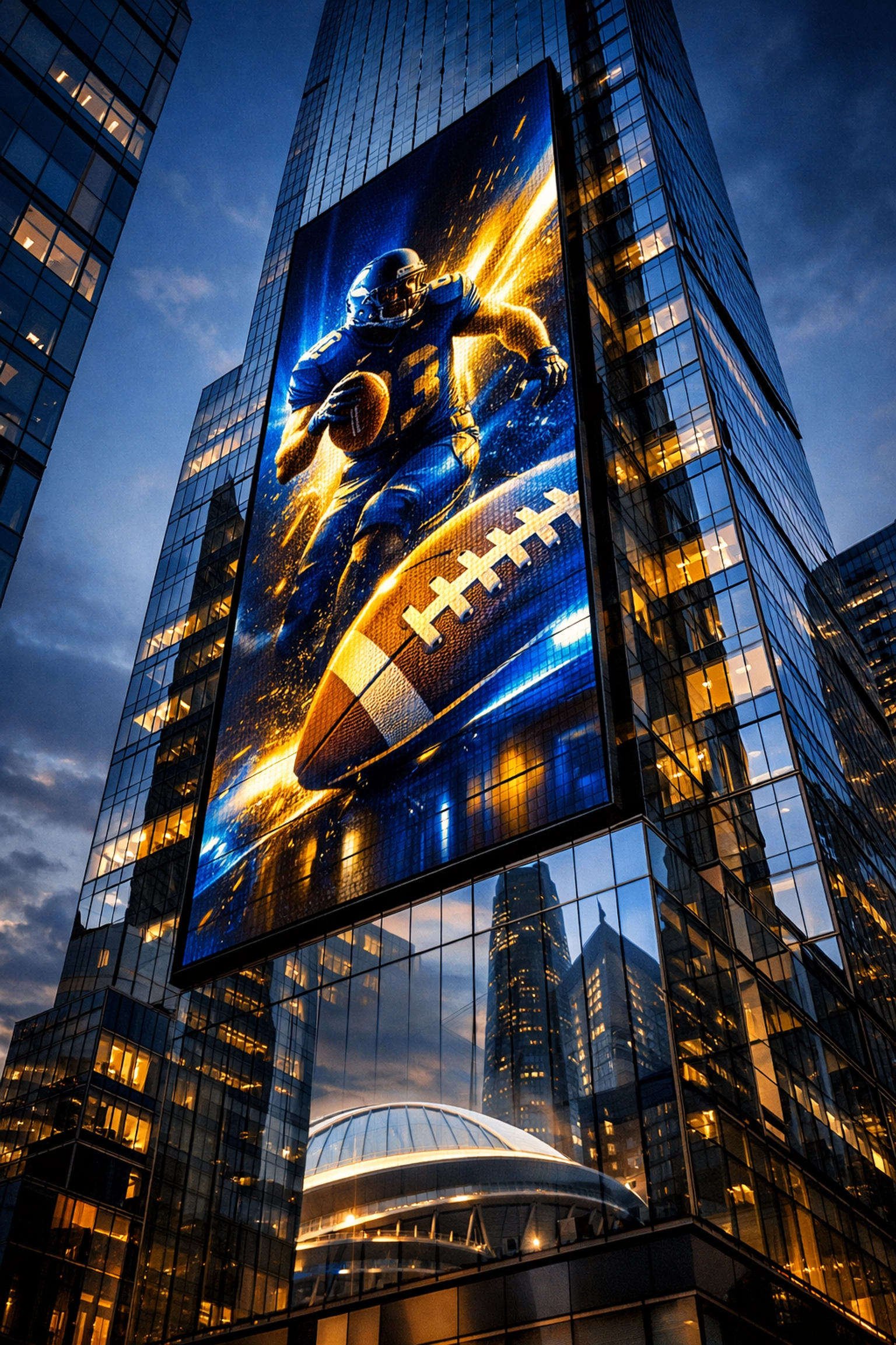 The Ultimate Guide to Super Bowl Sports Marketing: Everything You Need to Succeed A towering digital billboard in a metropolitan city showcasing sports marketing brand presence.