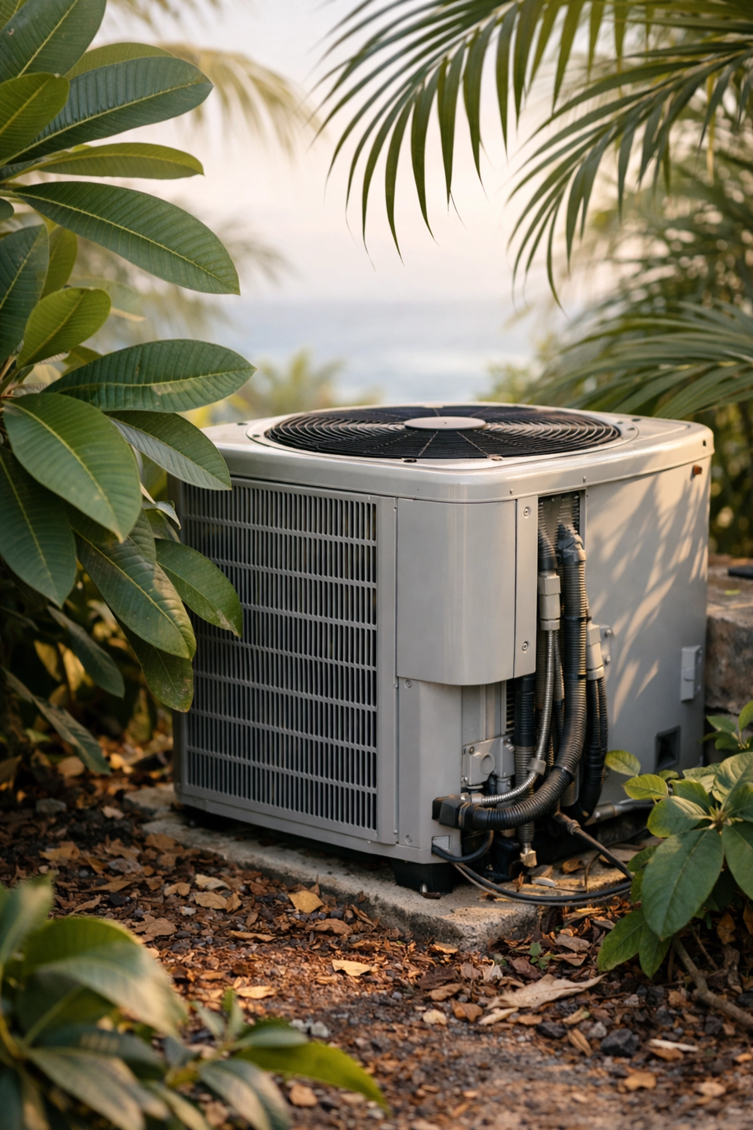 Outdoor AC condenser unit in Maui surrounded by tropical vegetation and debris needing clearance