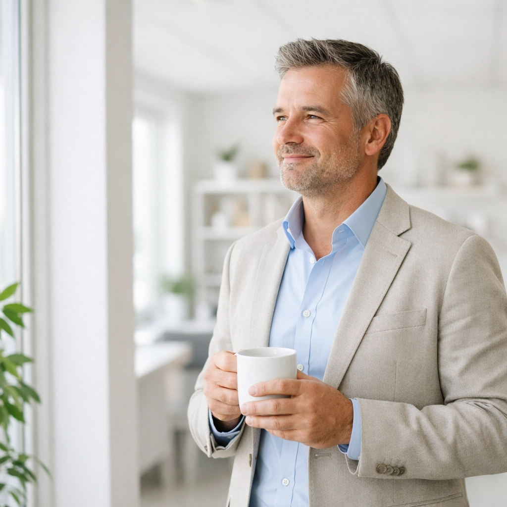 Confident business owner enjoying a stress-free tax filing season in a modern, bright office.
