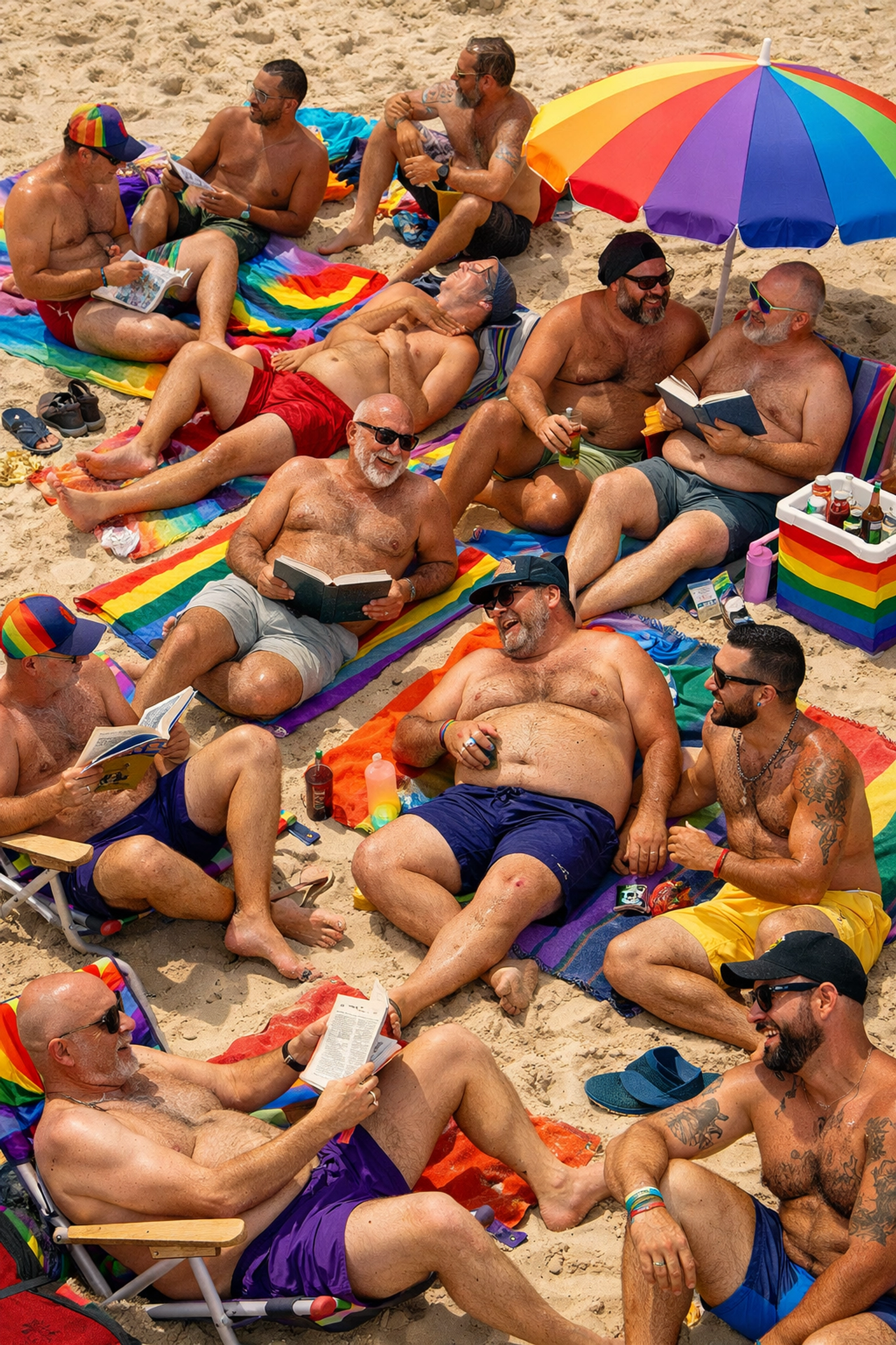 Diverse gay men relaxing at Boy Beach clothing-optional area in Provincetown